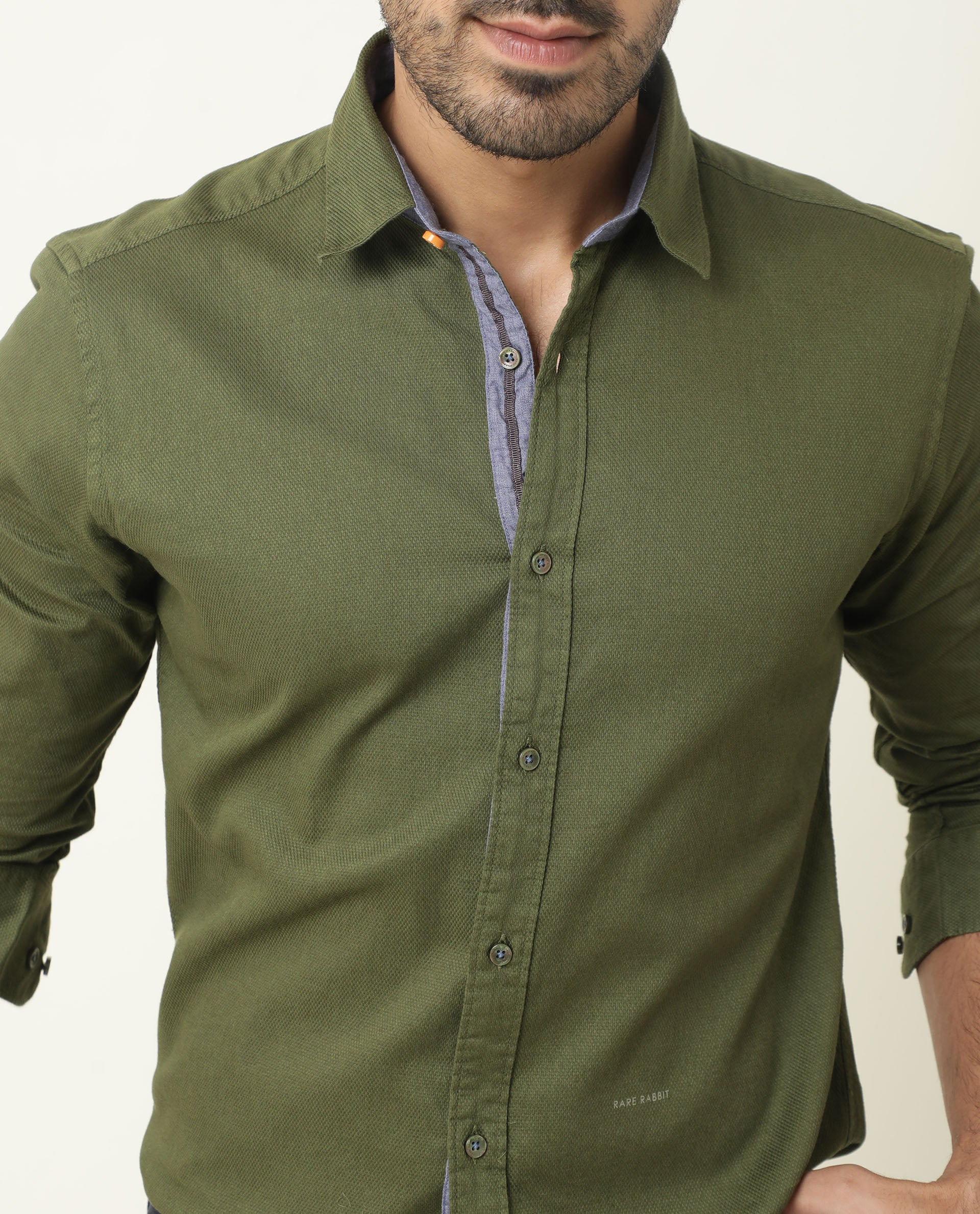 Rare Rabbit Men's Mond Green Cotton Plain Regular Fit Full Sleeve Spread Collar Shirt