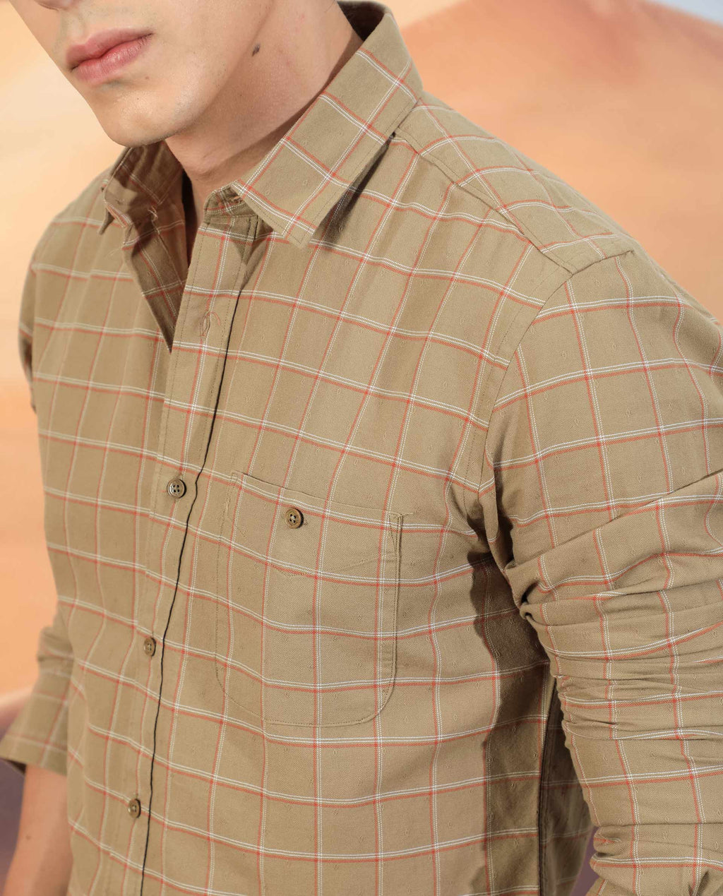 Rare Rabbit Men's Lanny Beige Cotton Checked Print Regular Fit Full Sleeve Collared Shirt