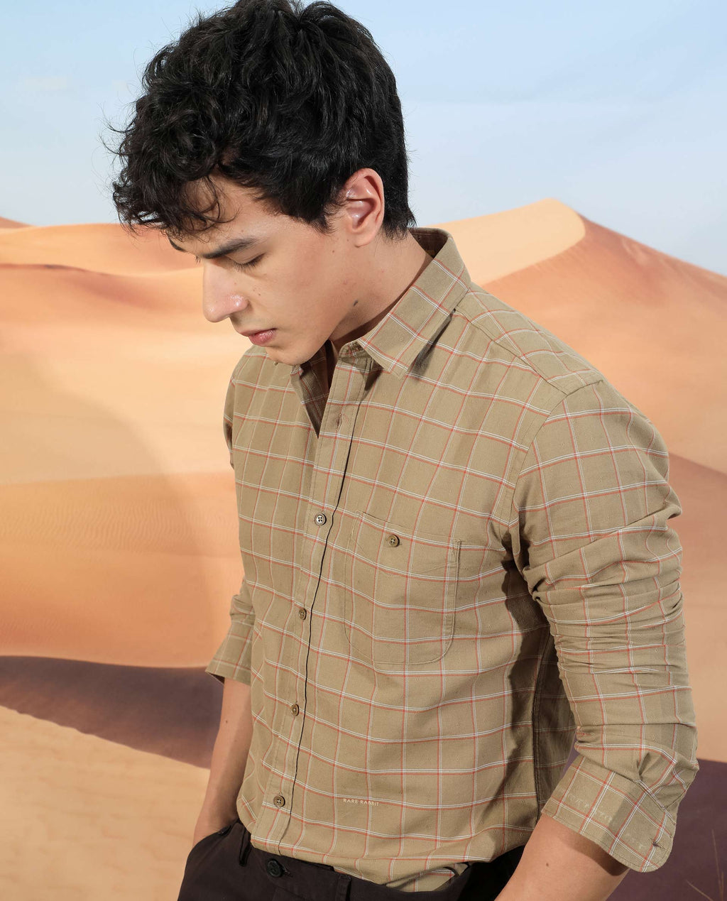 Rare Rabbit Men's Lanny Beige Cotton Checked Print Regular Fit Full Sleeve Collared Shirt
