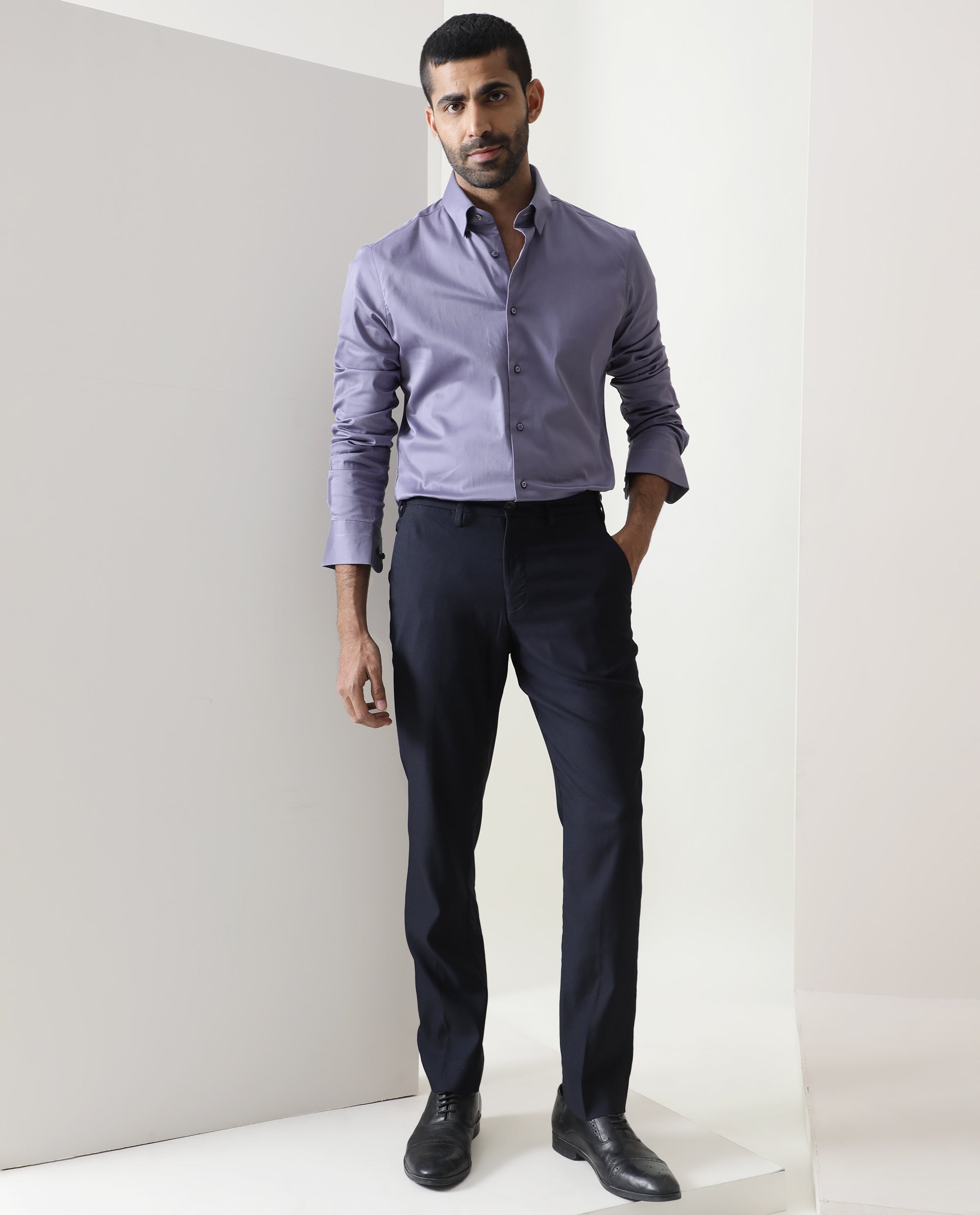 Rare Rabbit Men's Como Light Purple Satin Plain Regular Fit Full Sleeve Collared Shirt