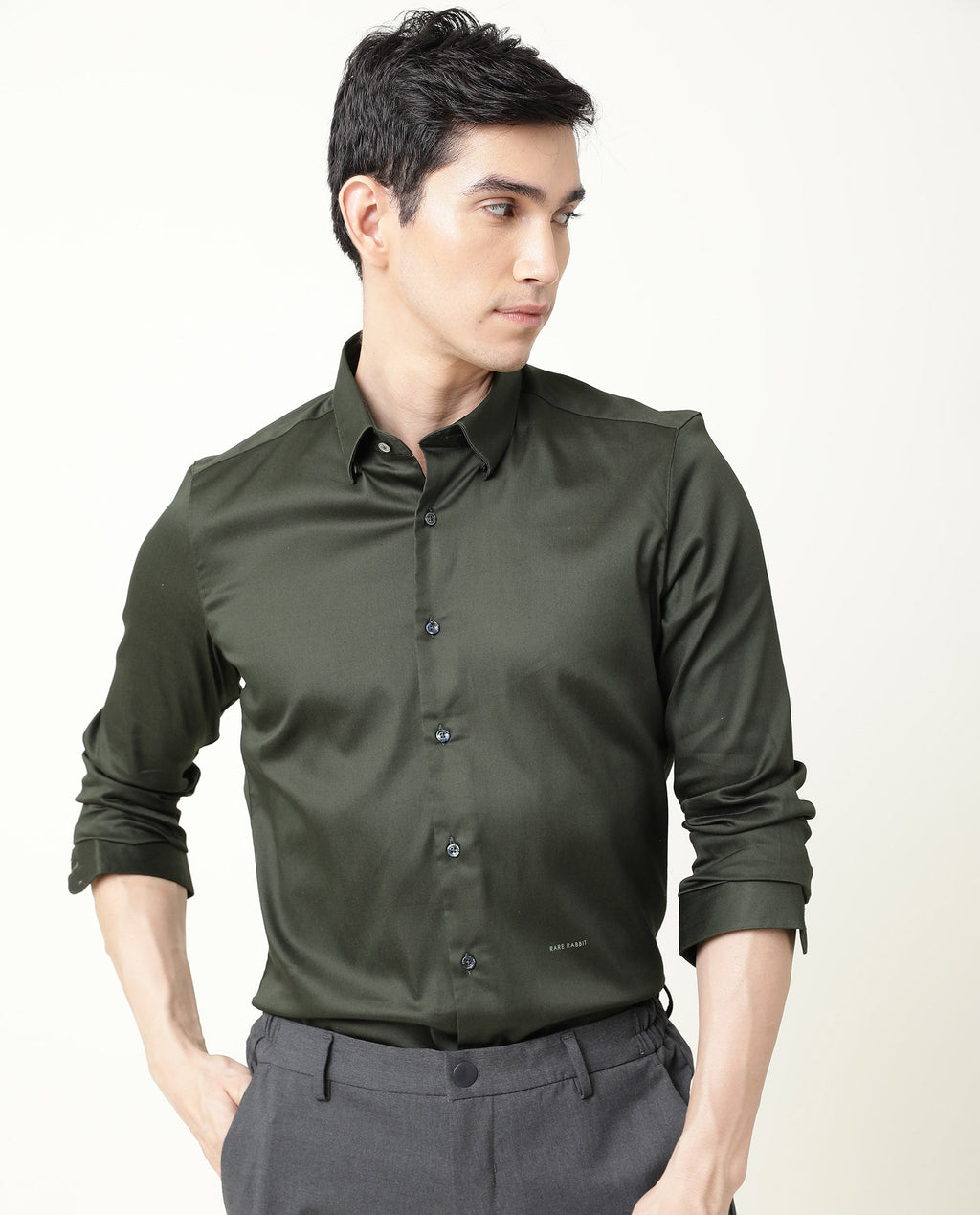 Rare Rabbit Men's Satin Green Plain Regular Fit Full Sleeve Spread Collar Shirt