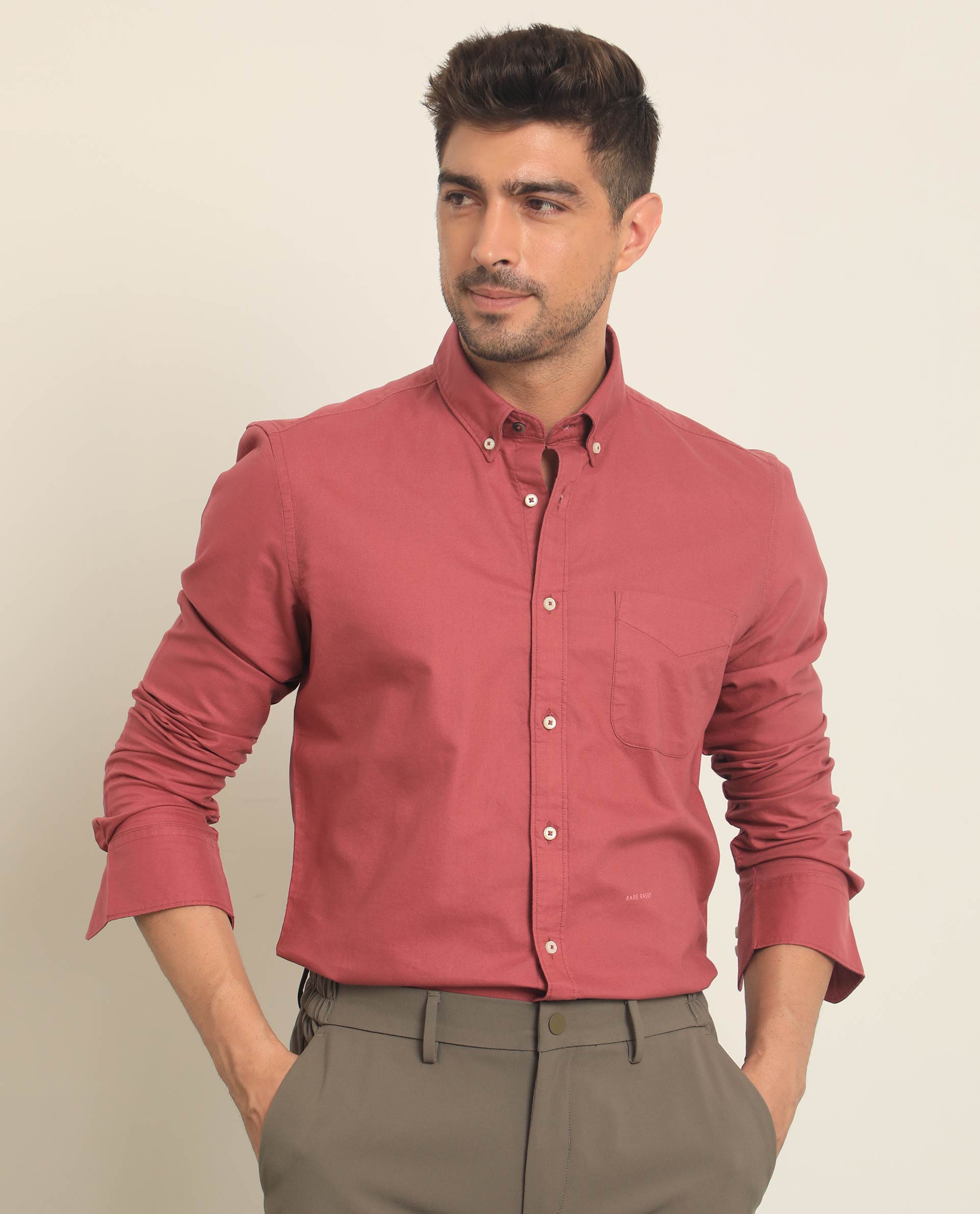 Rare Rabbit Men's Auxfo Pink Cotton Plain Regular Fit Full Sleeve Button-Down Collar Shirt