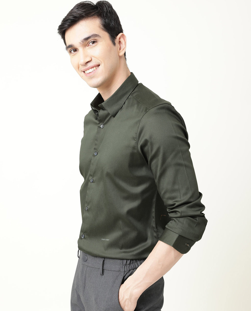 Rare Rabbit Men's Satin Green Plain Regular Fit Full Sleeve Spread Collar Shirt