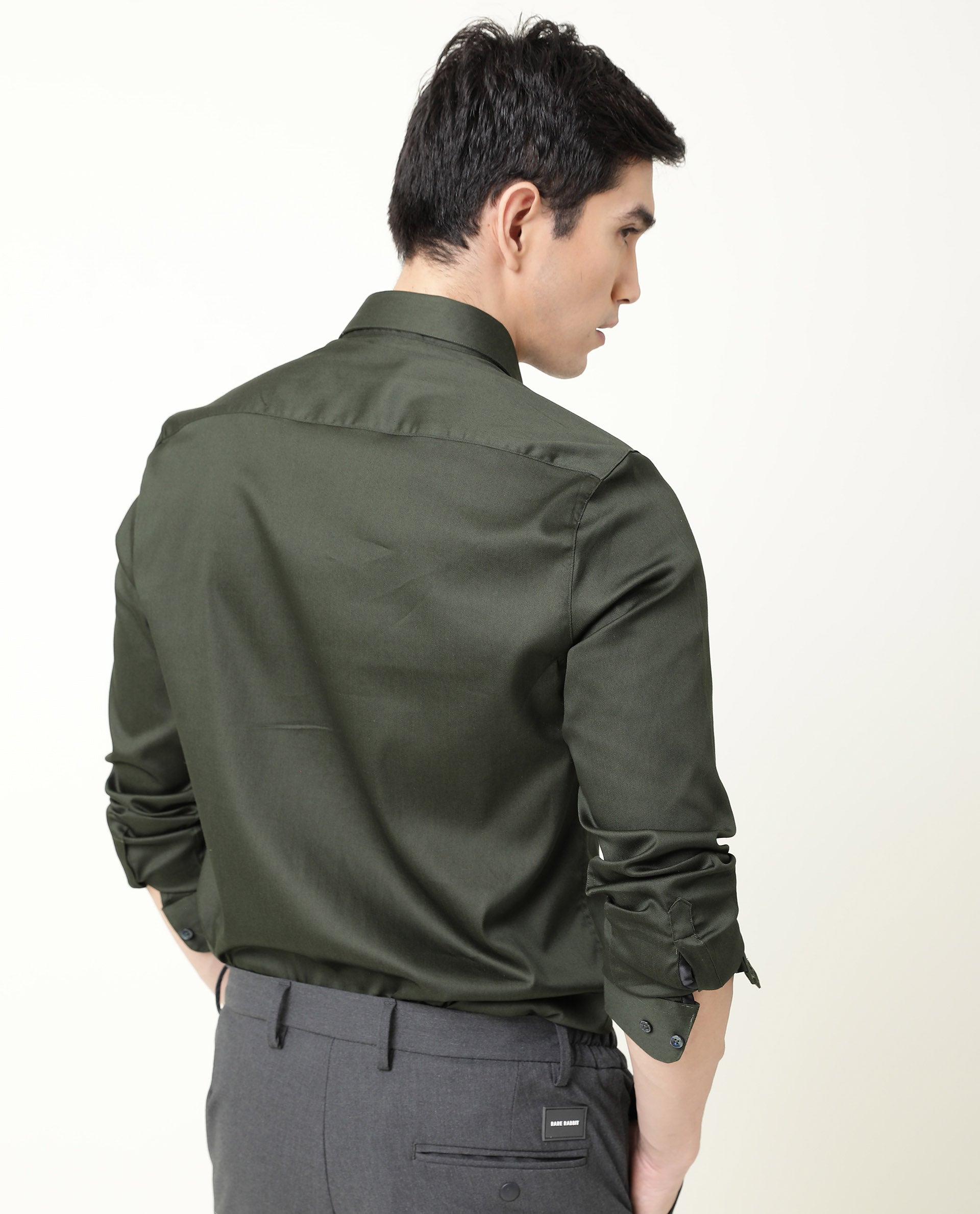 Rare Rabbit Men's Satin Green Plain Regular Fit Full Sleeve Spread Collar Shirt