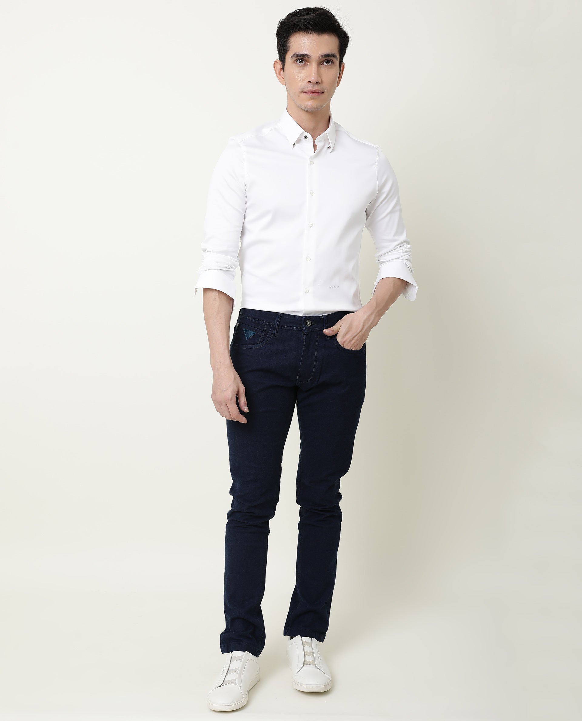 Rare Rabbit Men's Satin White Cotton Plain Regular Fit Full Sleeve Spread Collar Shirt