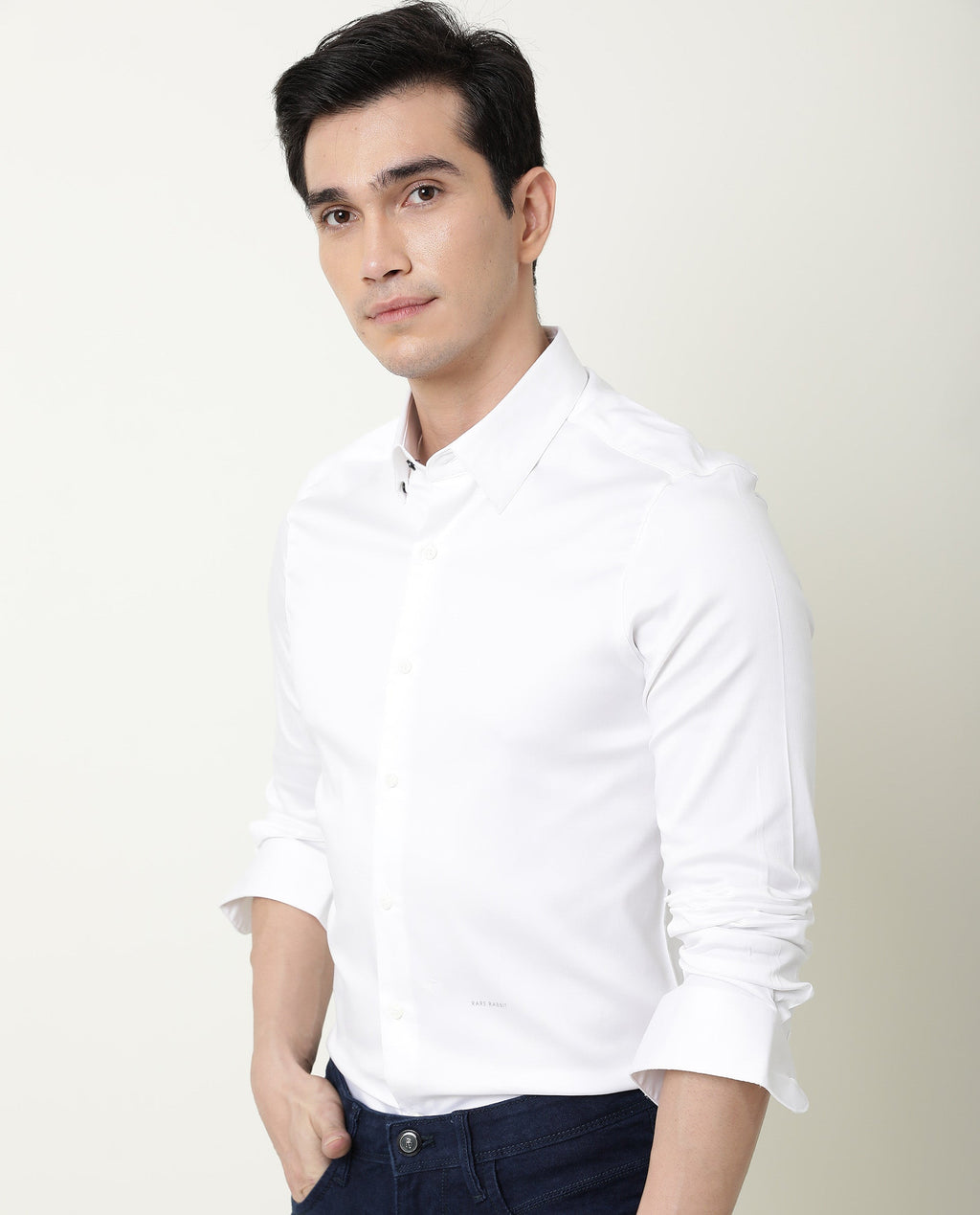 Rare Rabbit Men's Satin White Cotton Plain Regular Fit Full Sleeve Spread Collar Shirt
