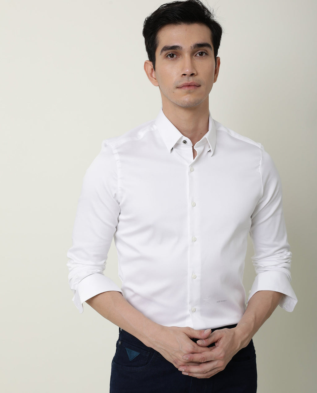 Rare Rabbit Men's Satin White Cotton Plain Regular Fit Full Sleeve Spread Collar Shirt