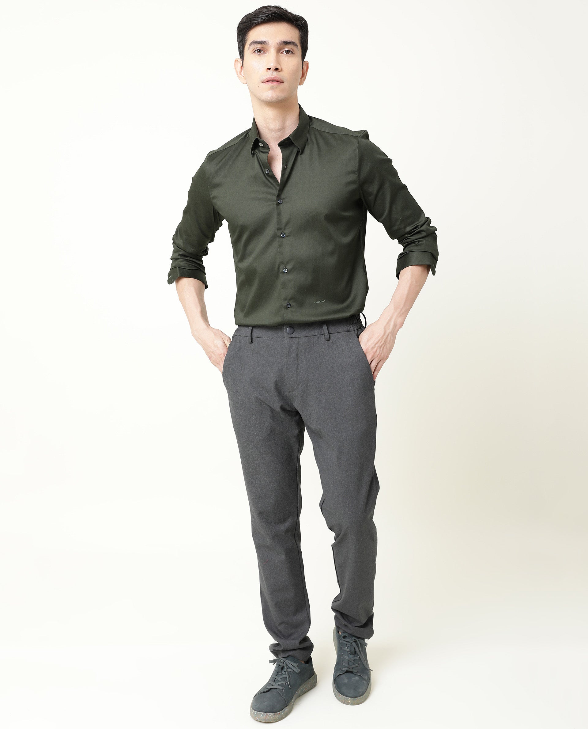 Rare Rabbit Men's Satin Green Plain Regular Fit Full Sleeve Spread Collar Shirt