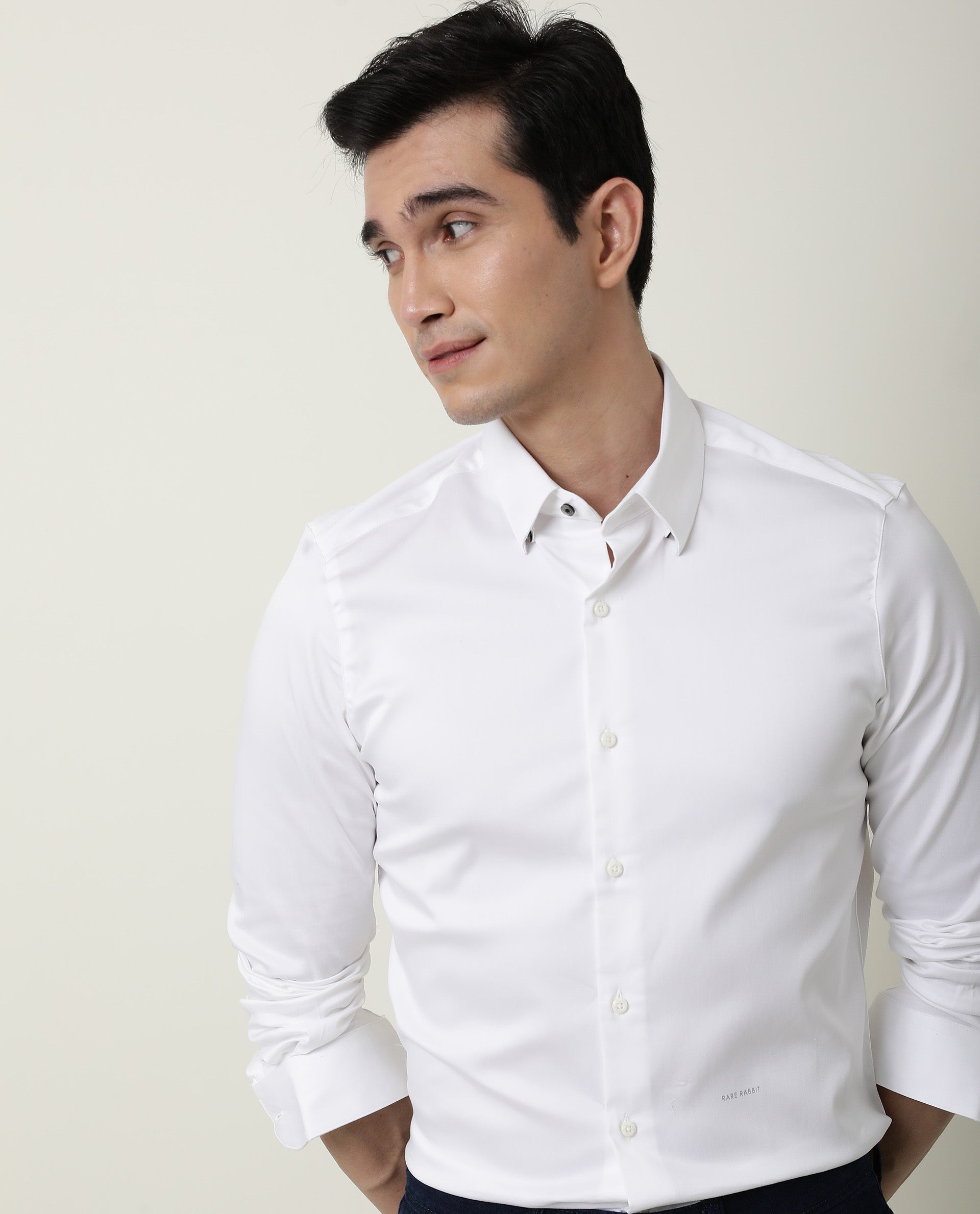 Rare Rabbit Men's Satin White Cotton Plain Regular Fit Full Sleeve Spread Collar Shirt