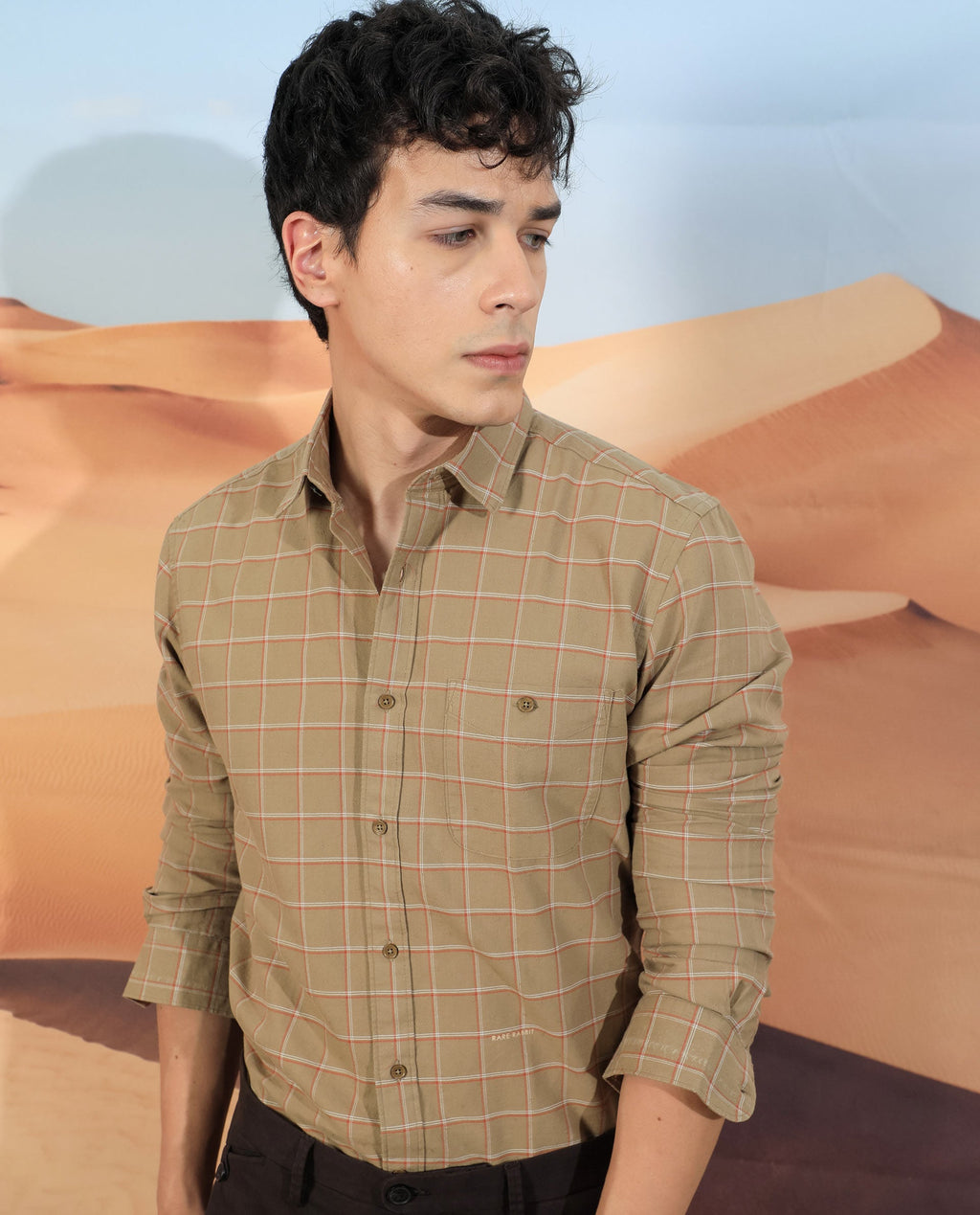 Rare Rabbit Men's Lanny Beige Cotton Checked Print Regular Fit Full Sleeve Collared Shirt