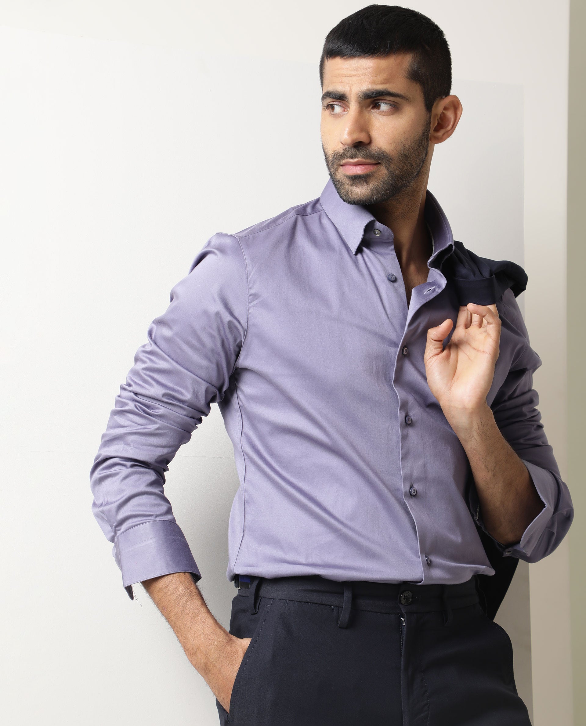 Rare Rabbit Men's Como Light Purple Satin Plain Regular Fit Full Sleeve Collared Shirt