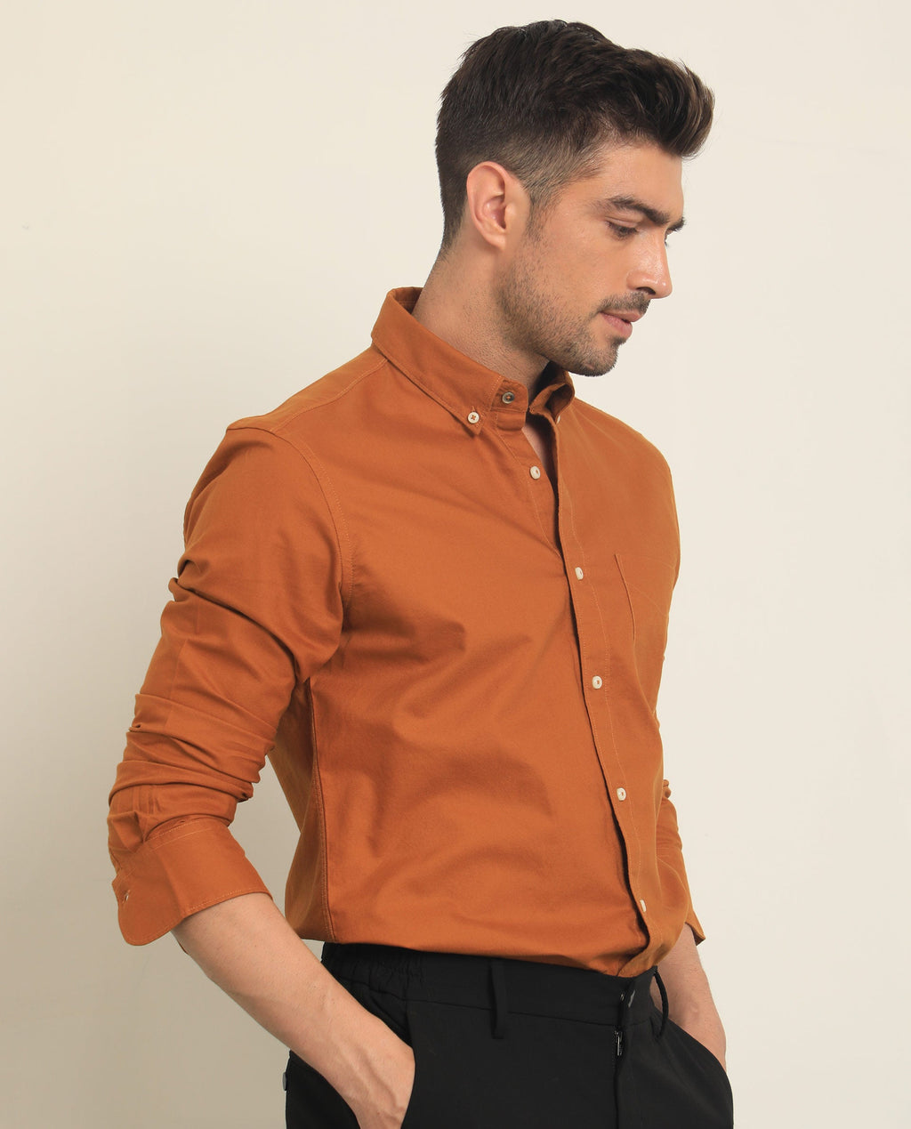 Rare Rabbit Men's Auxfo Rust Cotton Plain Regular Fit Full Sleeve Button-Down Collar Shirt