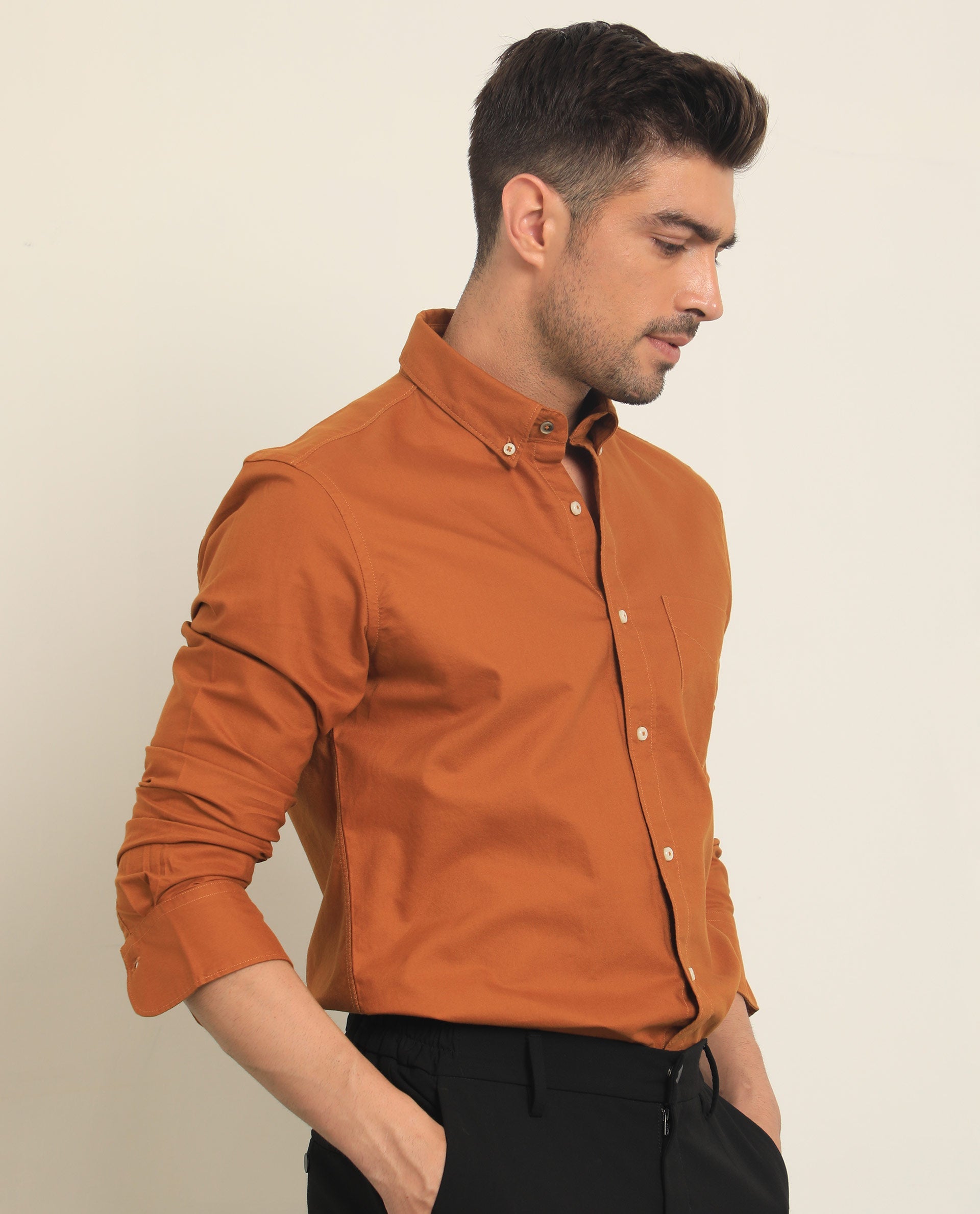 Rare Rabbit Men's Auxfo Rust Cotton Plain Regular Fit Full Sleeve Button-Down Collar Shirt