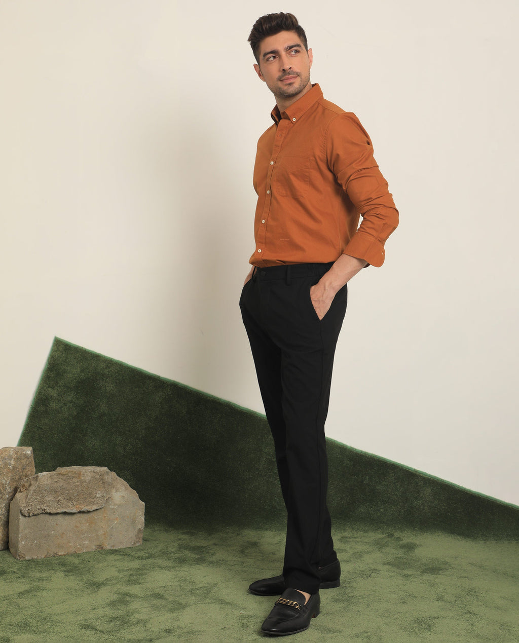 Rare Rabbit Men's Auxfo Rust Cotton Plain Regular Fit Full Sleeve Button-Down Collar Shirt