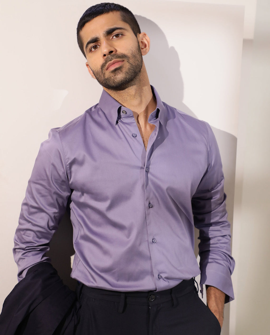 Rare Rabbit Men's Como Light Purple Satin Plain Regular Fit Full Sleeve Collared Shirt