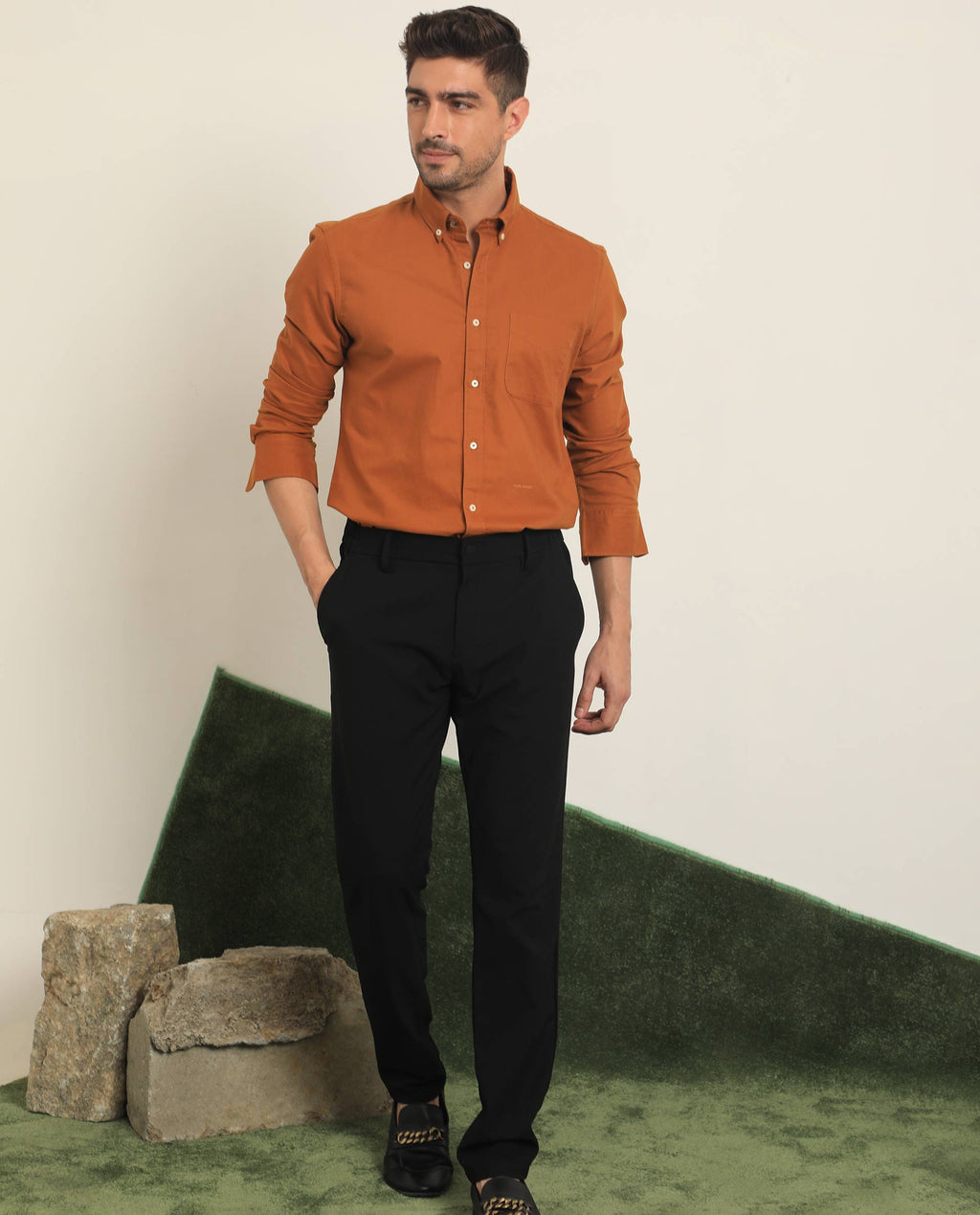 Rare Rabbit Men's Auxfo Rust Cotton Plain Regular Fit Full Sleeve Button-Down Collar Shirt