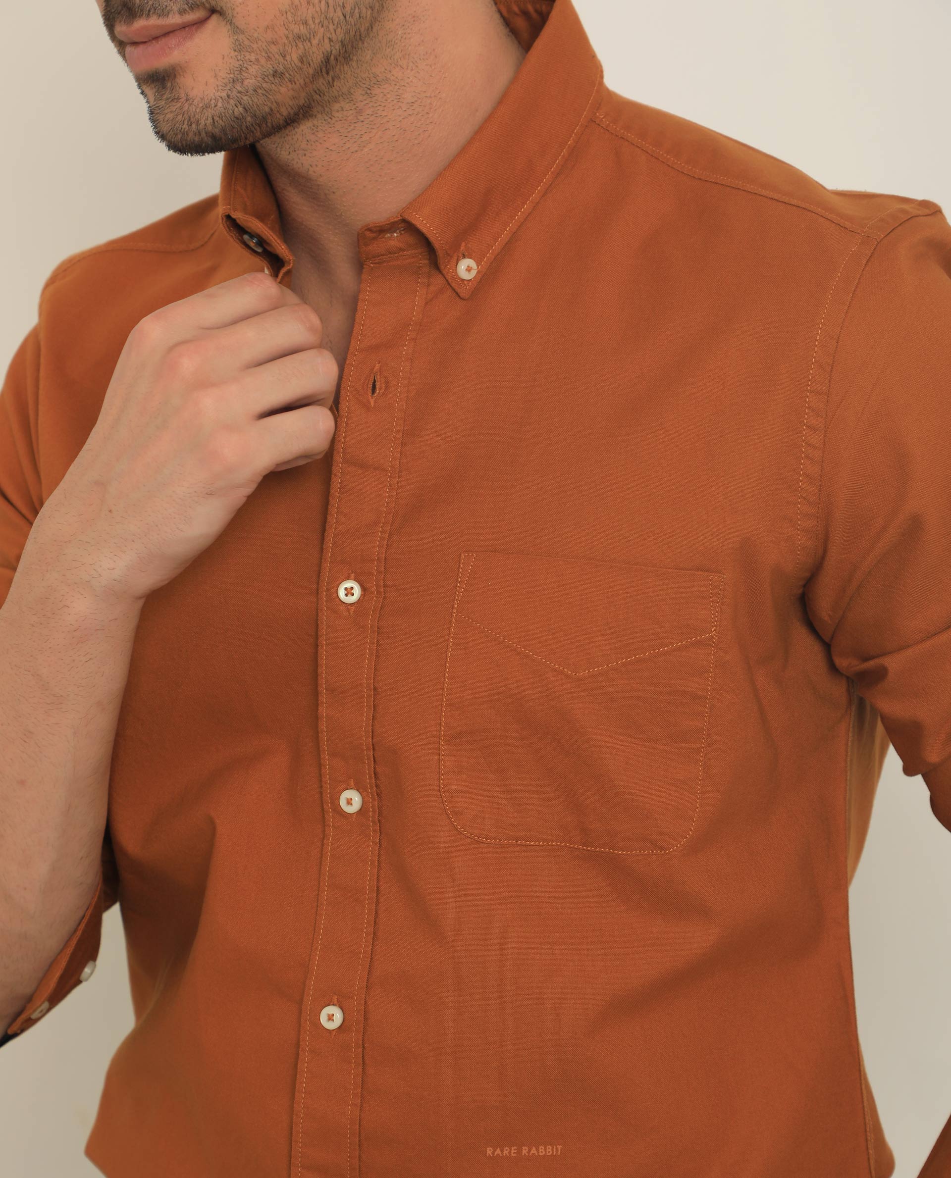 Rare Rabbit Men's Auxfo Rust Cotton Plain Regular Fit Full Sleeve Button-Down Collar Shirt