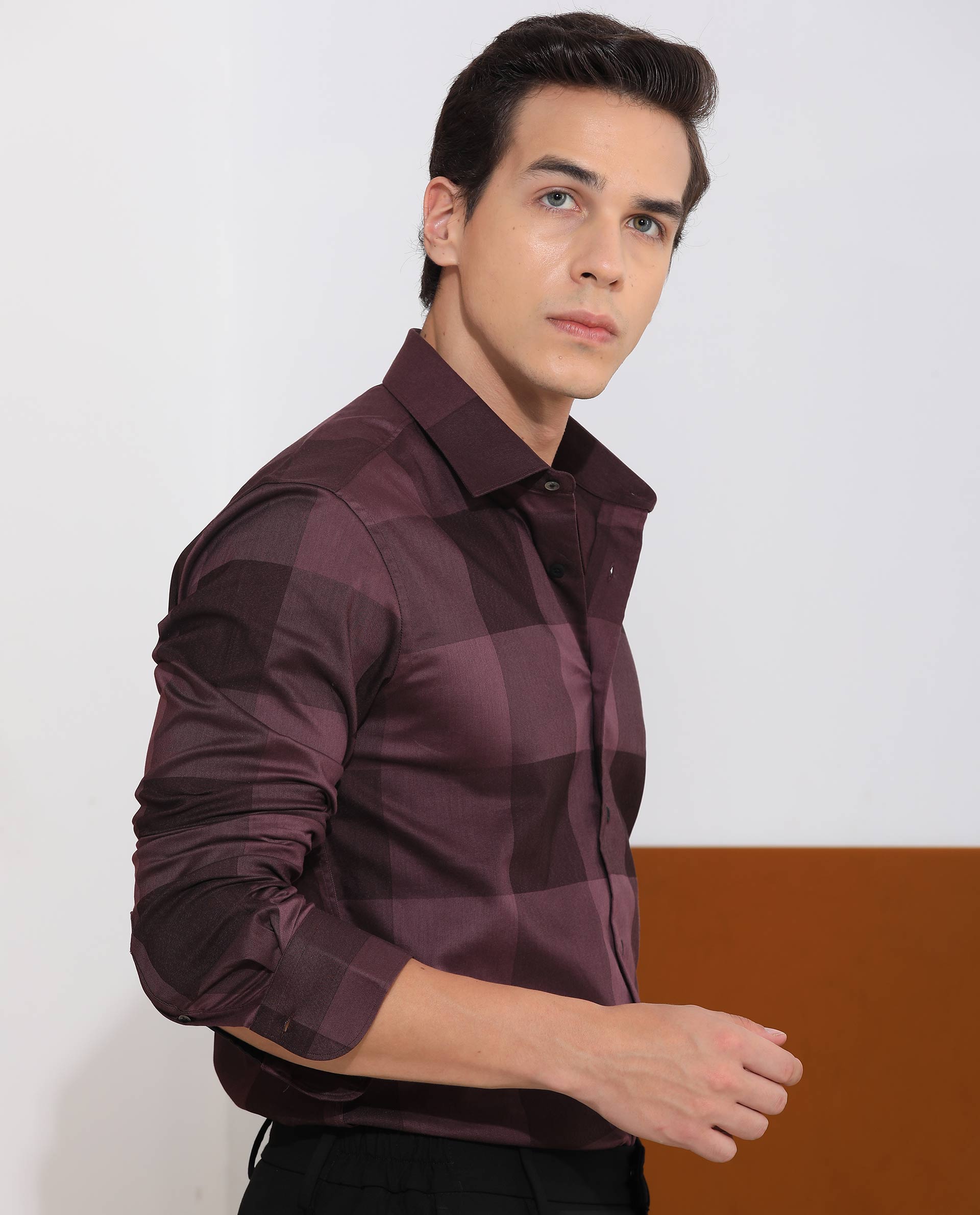 Rare Rabbit Men's Santhe Maroon Cotton Checked Print Regular Fit Full Sleeve Collared Shirt
