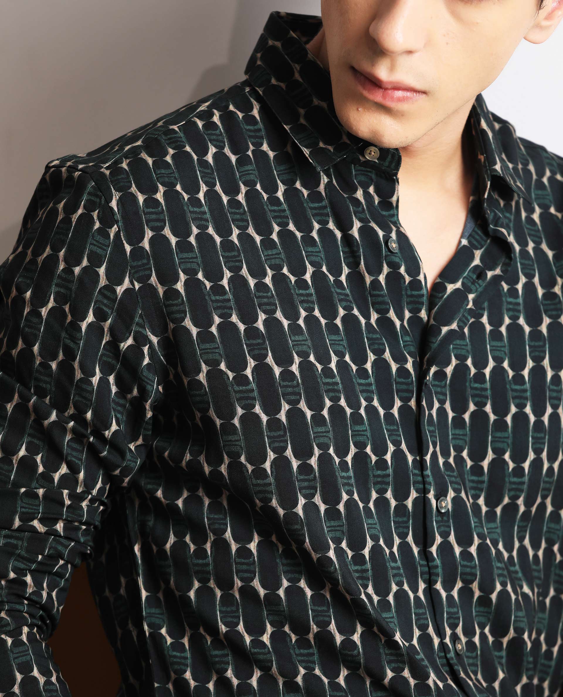 Rare Rabbit Men's Oliver Green Viscose Geometric Print Regular Fit Full Sleeve Collared Shirt