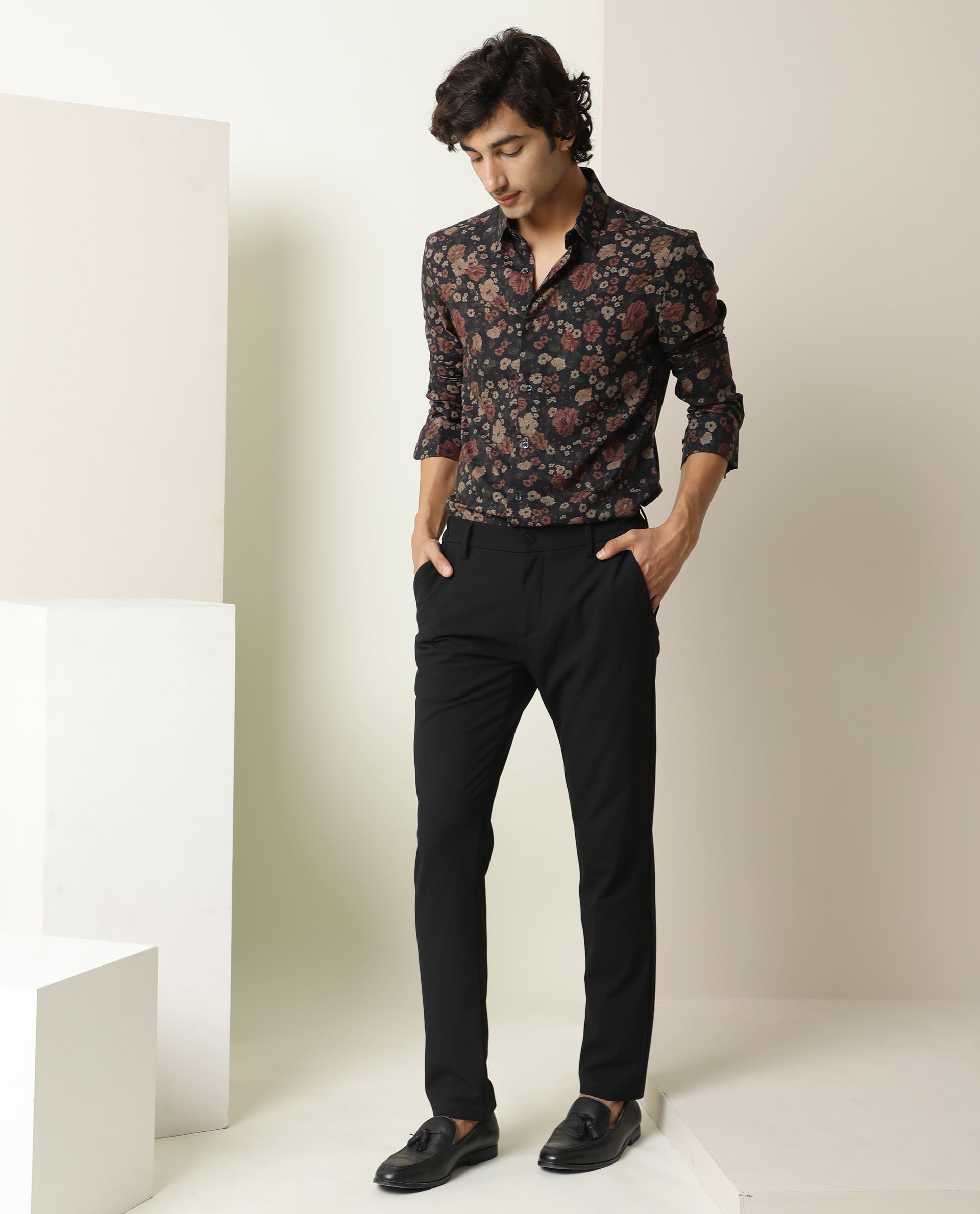 Rare Rabbit Men's Vynil Blue Viscose Floral Print Regular Fit Full Sleeve Collared Shirt
