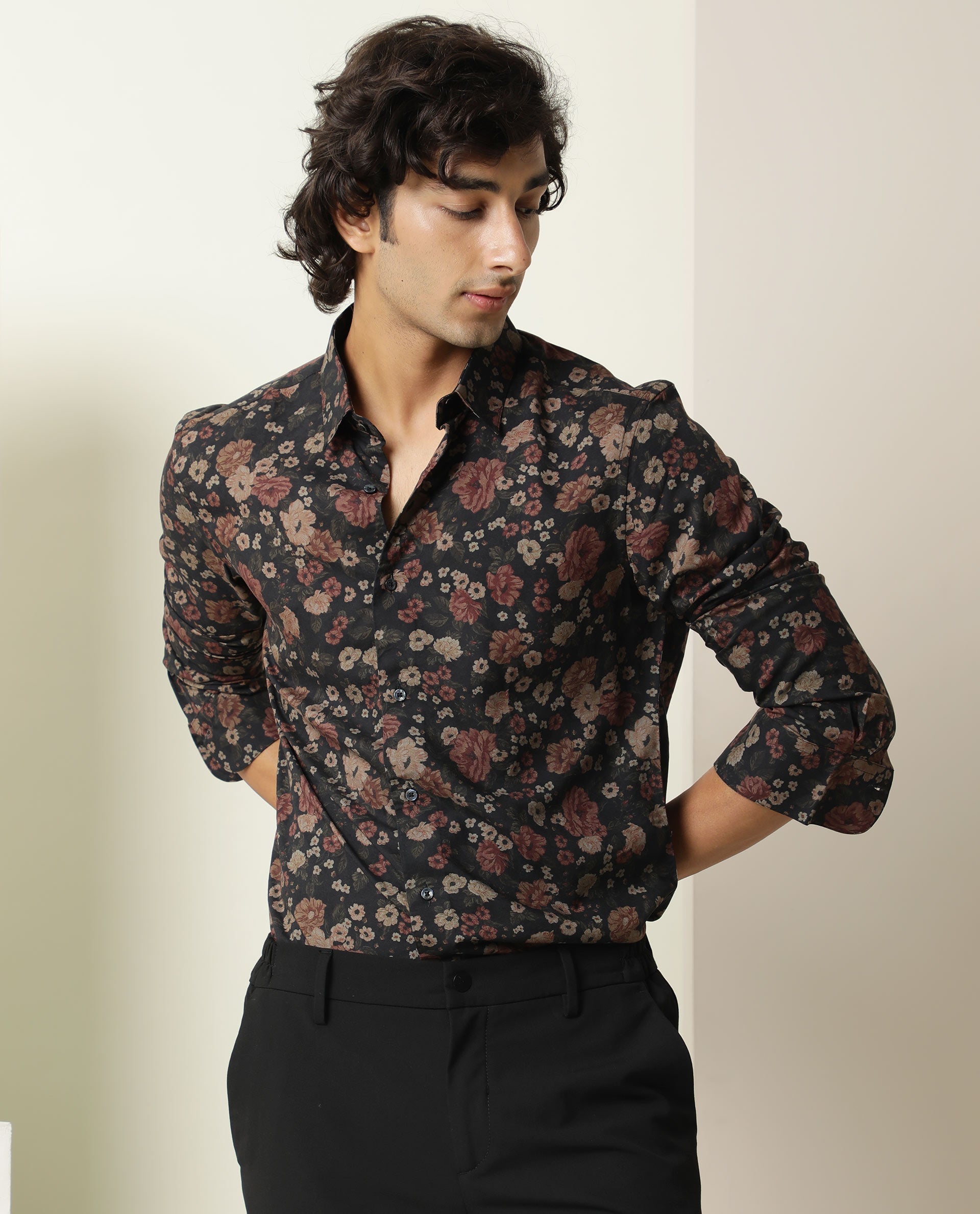 Rare Rabbit Men's Vynil Blue Viscose Floral Print Regular Fit Full Sleeve Collared Shirt
