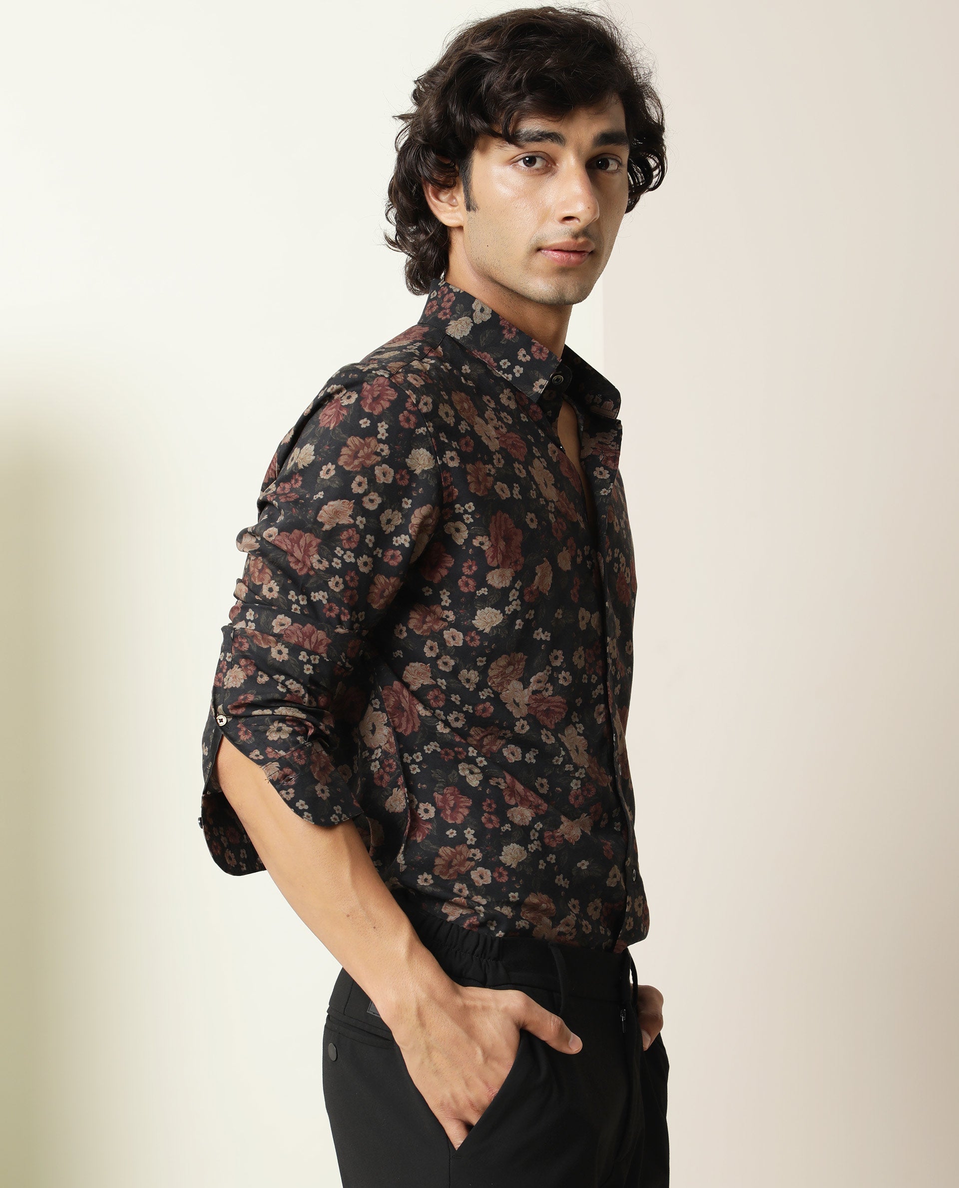 Rare Rabbit Men's Vynil Blue Viscose Floral Print Regular Fit Full Sleeve Collared Shirt