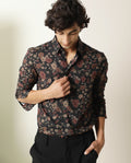Rare Rabbit Men's Vynil Blue Viscose Floral Print Regular Fit Full Sleeve Collared Shirt