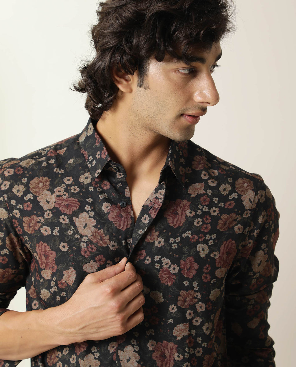 Rare Rabbit Men's Vynil Blue Viscose Floral Print Regular Fit Full Sleeve Collared Shirt