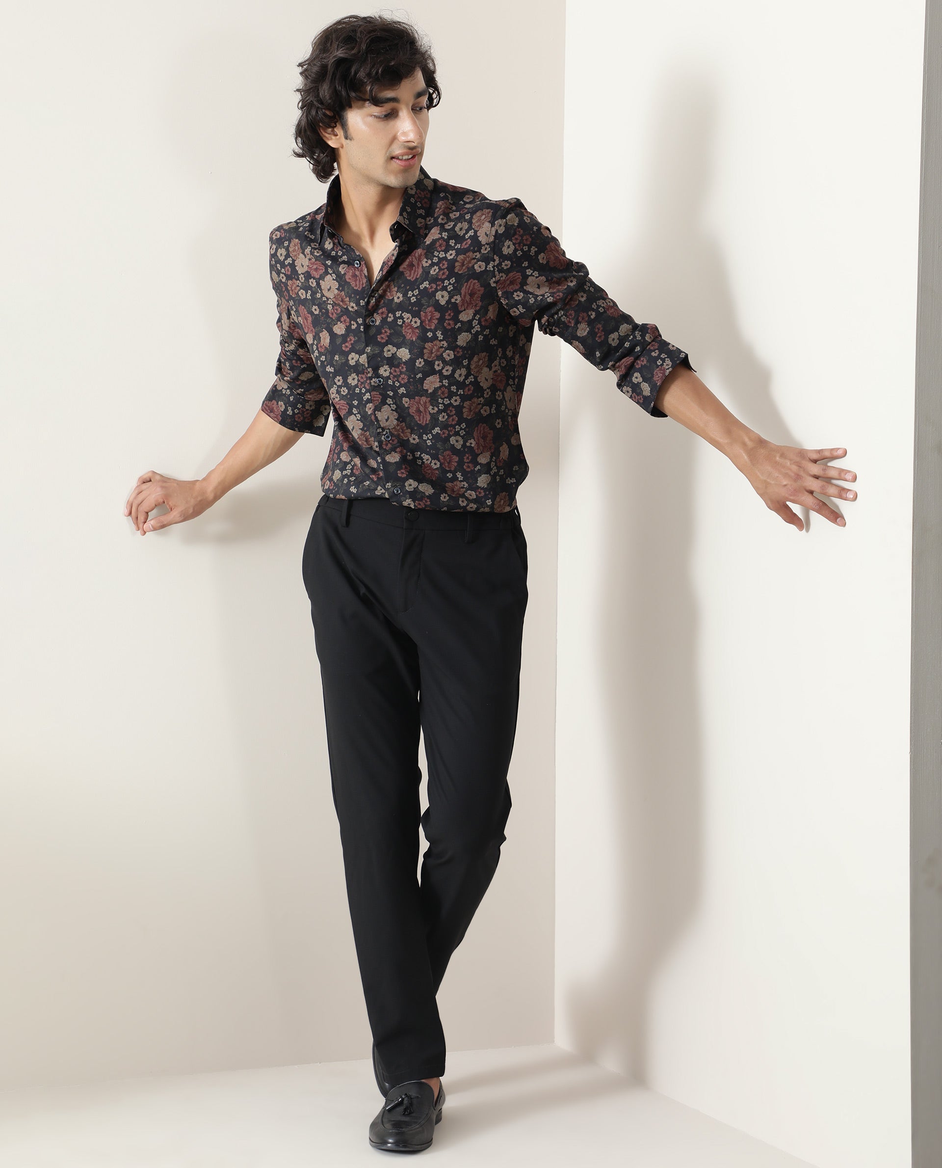 Rare Rabbit Men's Vynill Black Viscose Floral Print Regular Fit Full Sleeve Collared Shirt