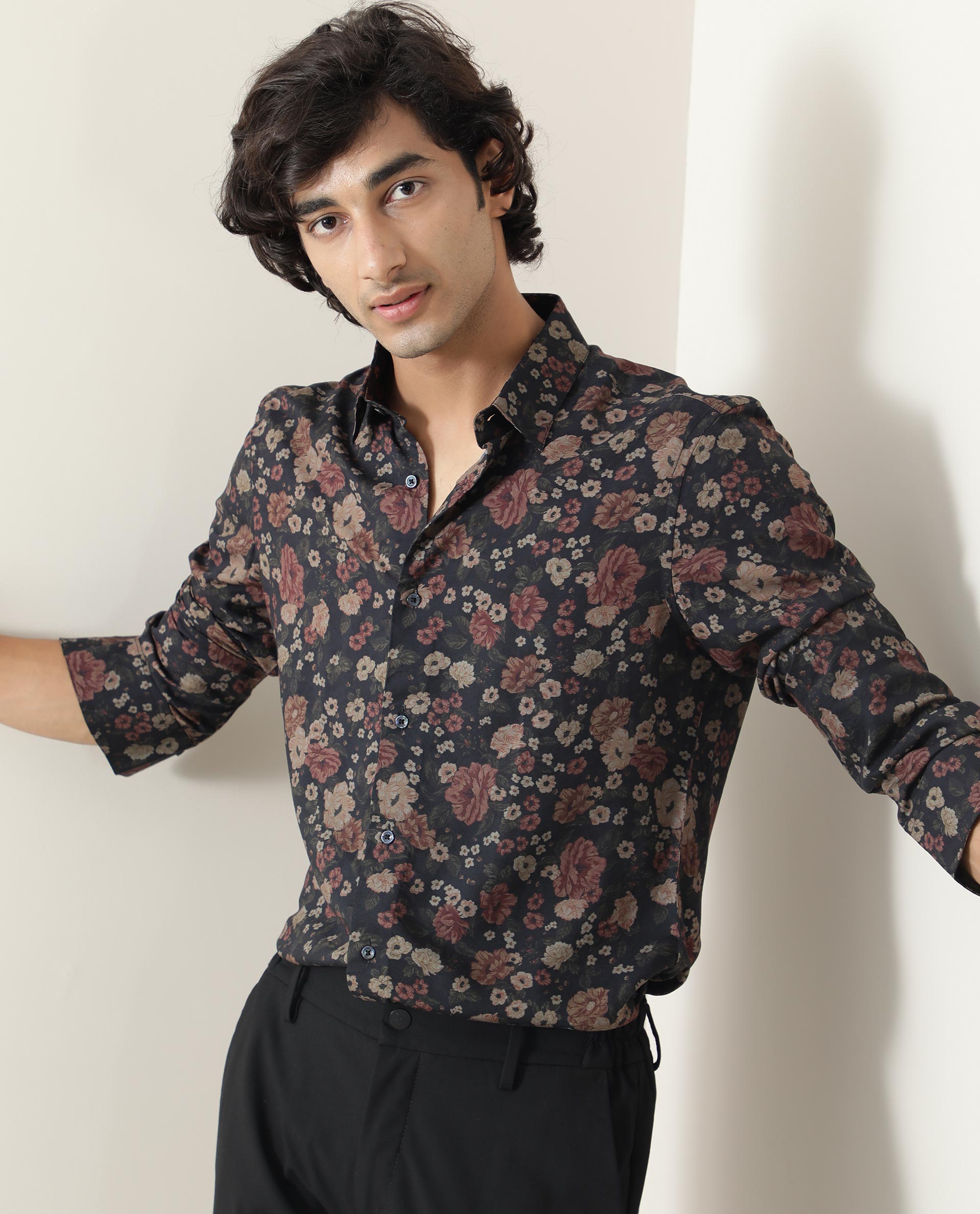 Rare Rabbit Men's Vynil Blue Viscose Floral Print Regular Fit Full Sleeve Collared Shirt