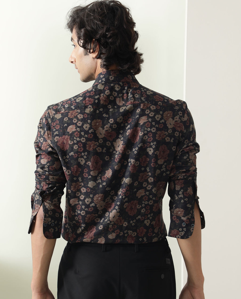 Rare Rabbit Men's Vynill Black Viscose Floral Print Regular Fit Full Sleeve Collared Shirt