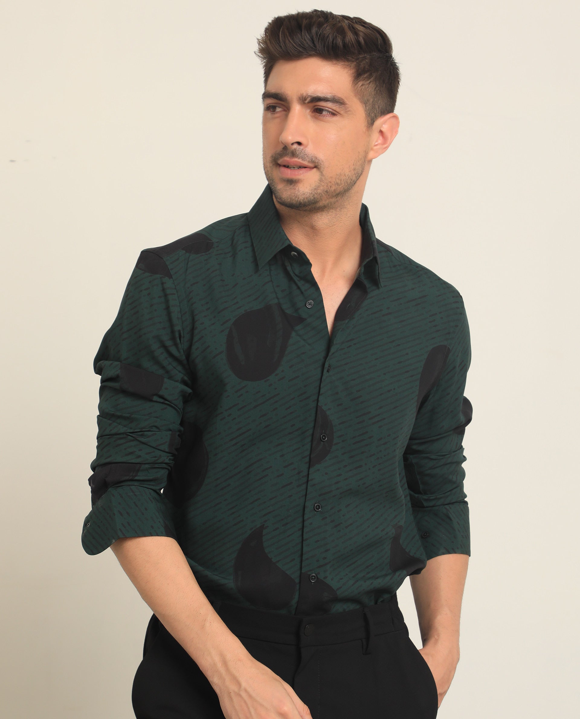 Rare Rabbit Men's Palme Dark Green Viscose Abstract Print Regular Fit Full Sleeve Collared Shirt