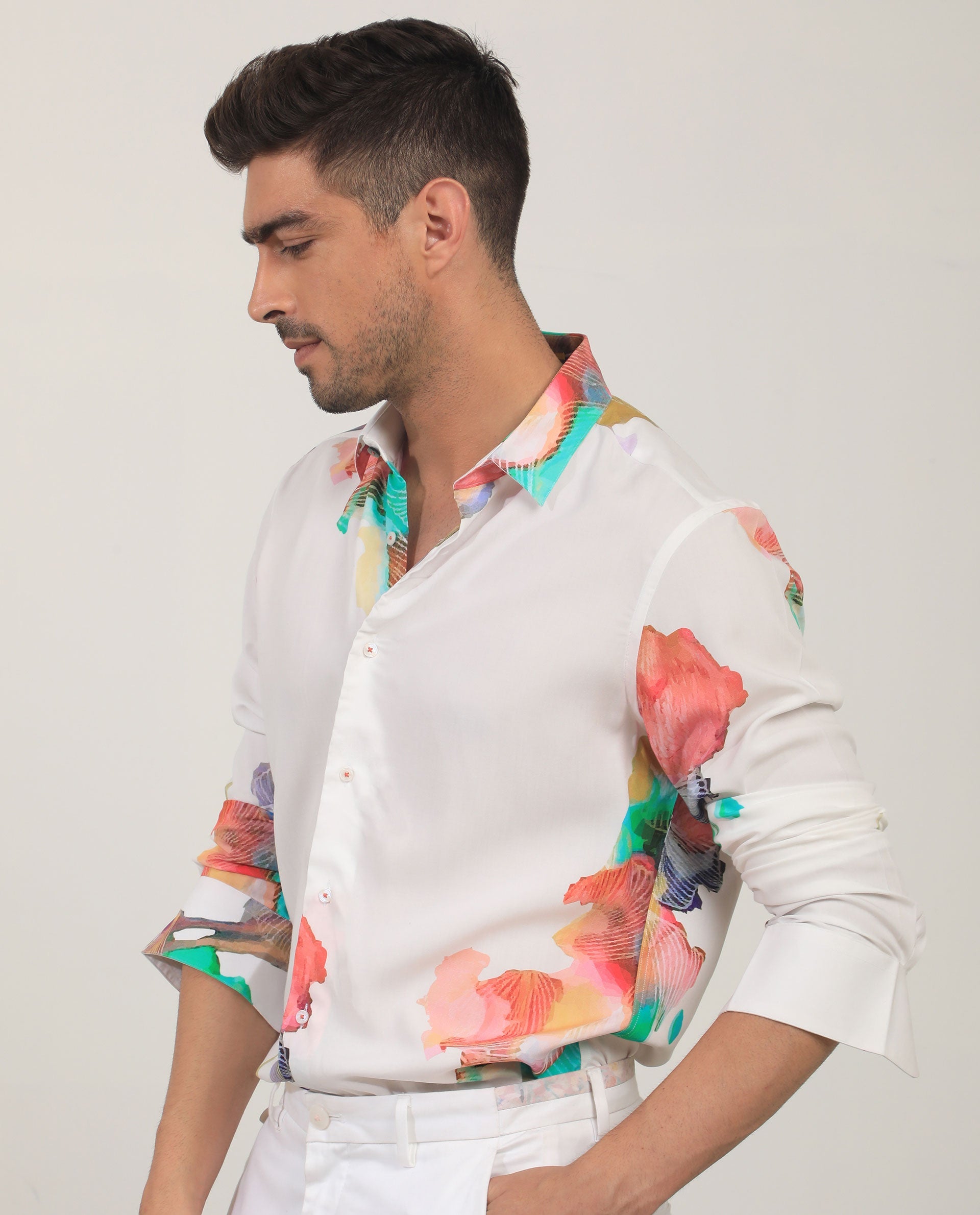 Rare Rabbit Men's Painter White Viscose Abstract Print Regular Fit Full Sleeve Collared Shirt