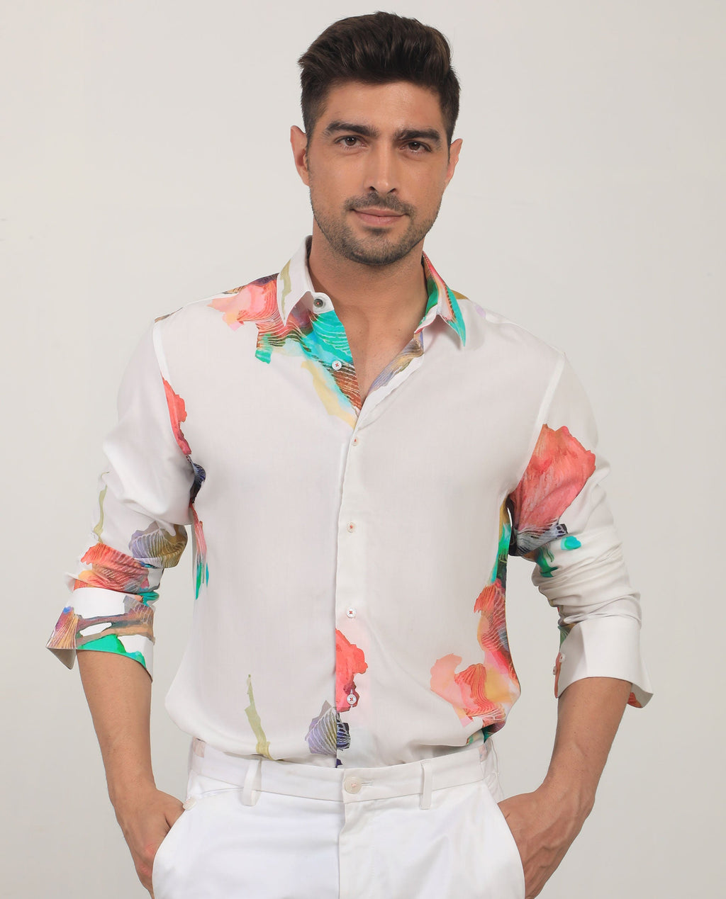 Rare Rabbit Men's Painter White Viscose Abstract Print Regular Fit Full Sleeve Collared Shirt