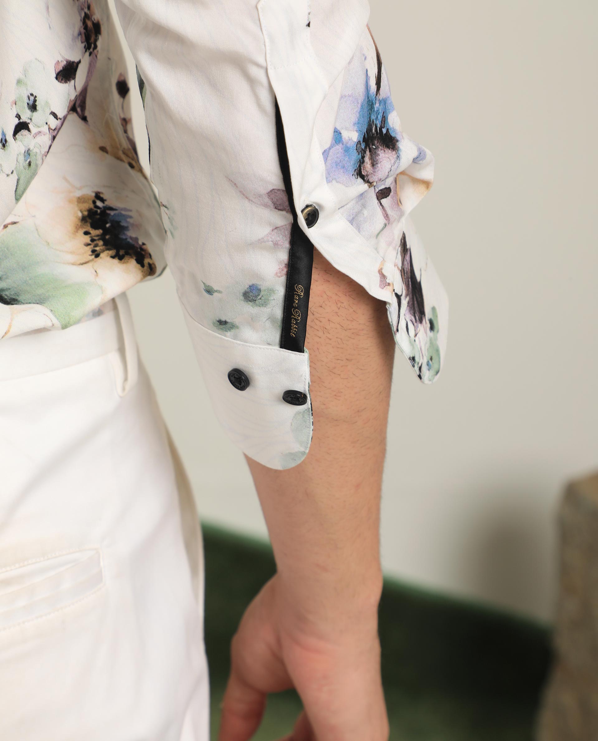 Rare Rabbit Men's Flowey White Viscose Floral Print Regular Fit Full Sleeve Collared Shirt