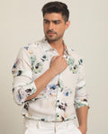 Rare Rabbit Men's Flowey White Viscose Floral Print Regular Fit Full Sleeve Collared Shirt