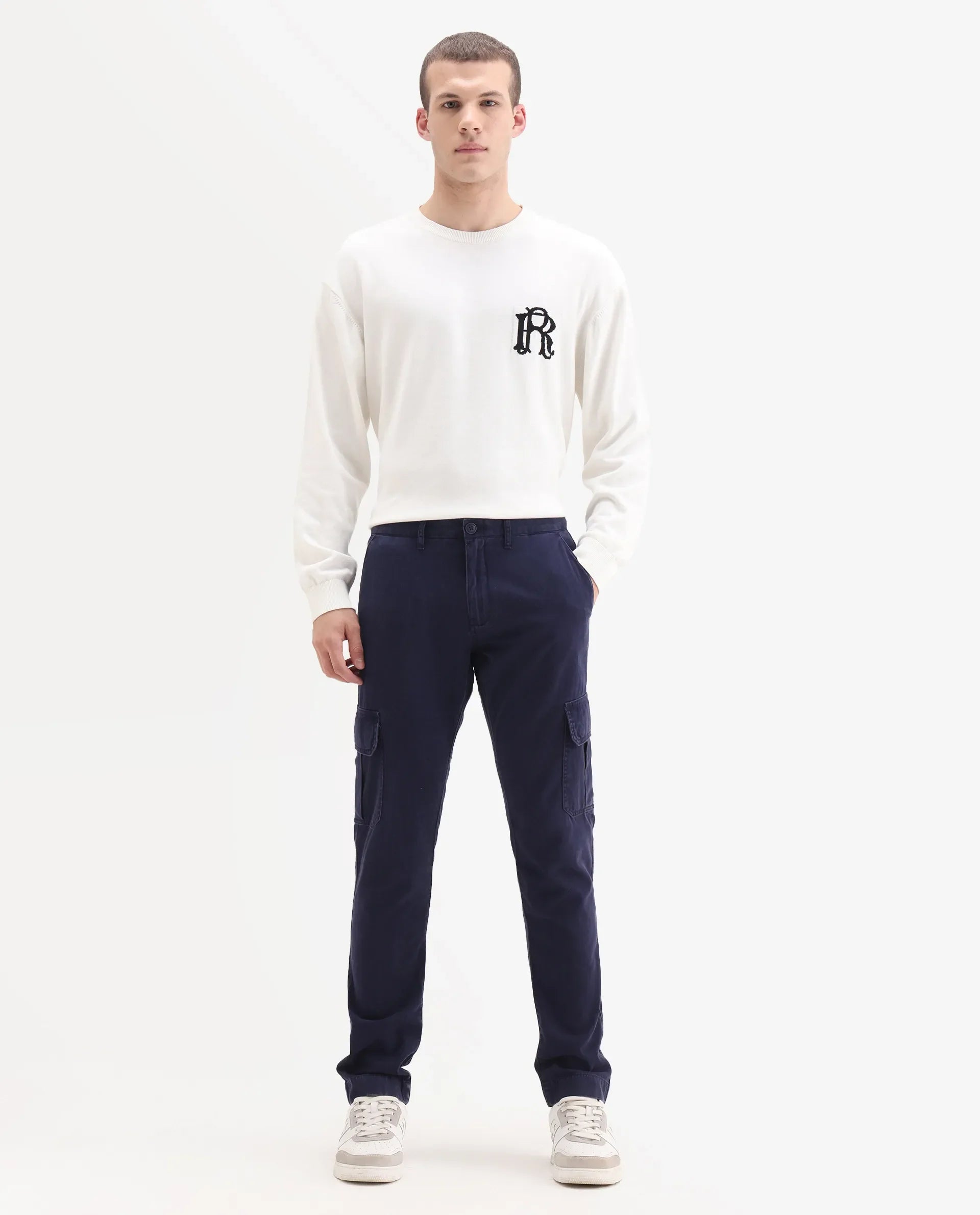 Rare Rabbit Men's Inbuil Navy Cotton Plain Regular Fit Trouser