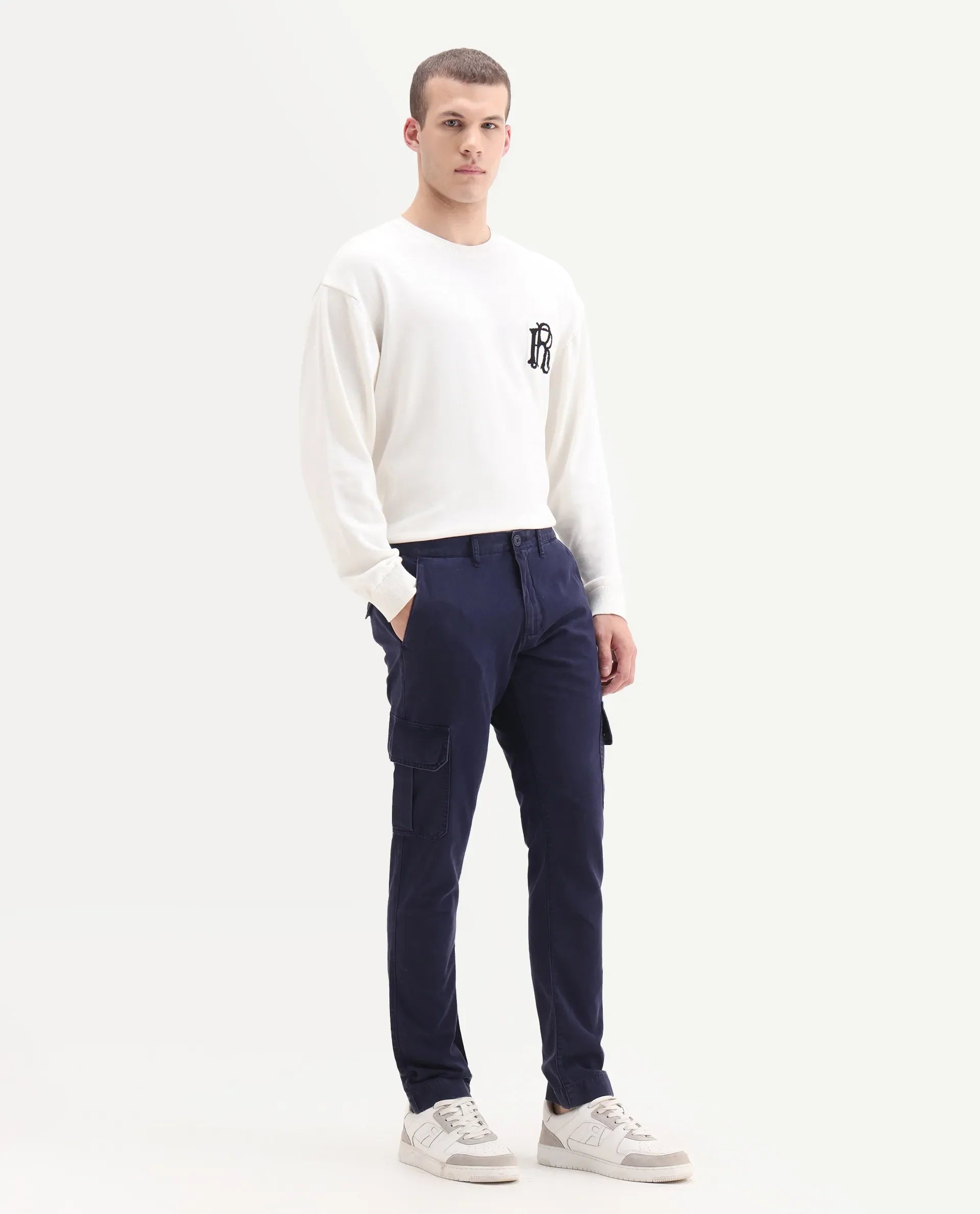 Rare Rabbit Men's Inbuil Navy Cotton Plain Regular Fit Trouser