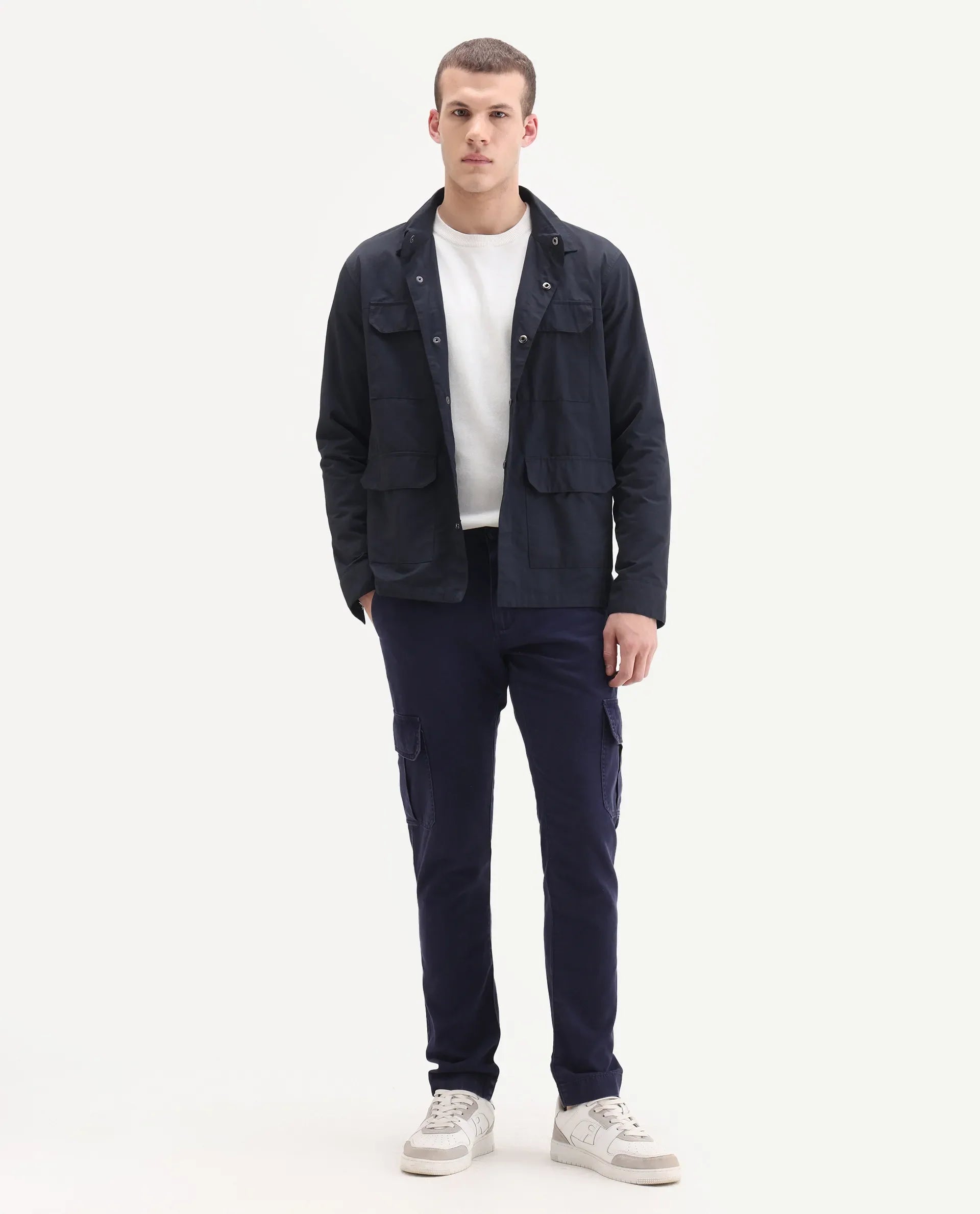 Rare Rabbit Men's Inbuil Navy Cotton Plain Regular Fit Trouser