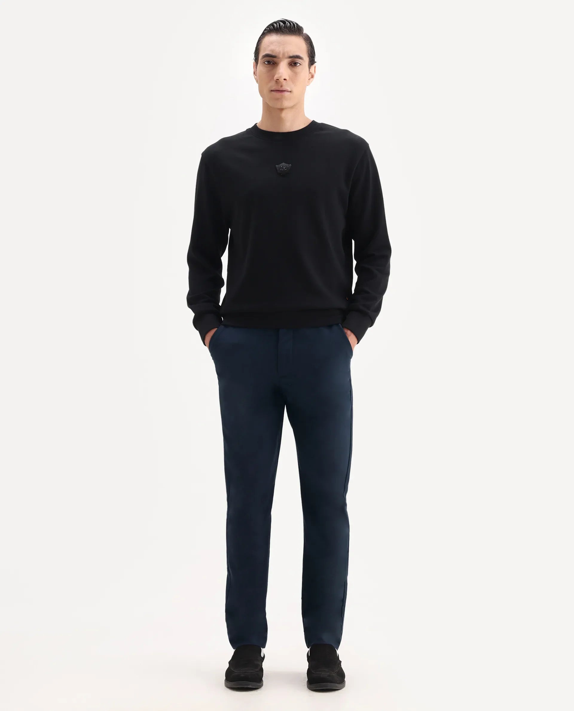 Rare Rabbit Men's Ital Navy Polyester Blend Plain Regular Fit Trouser