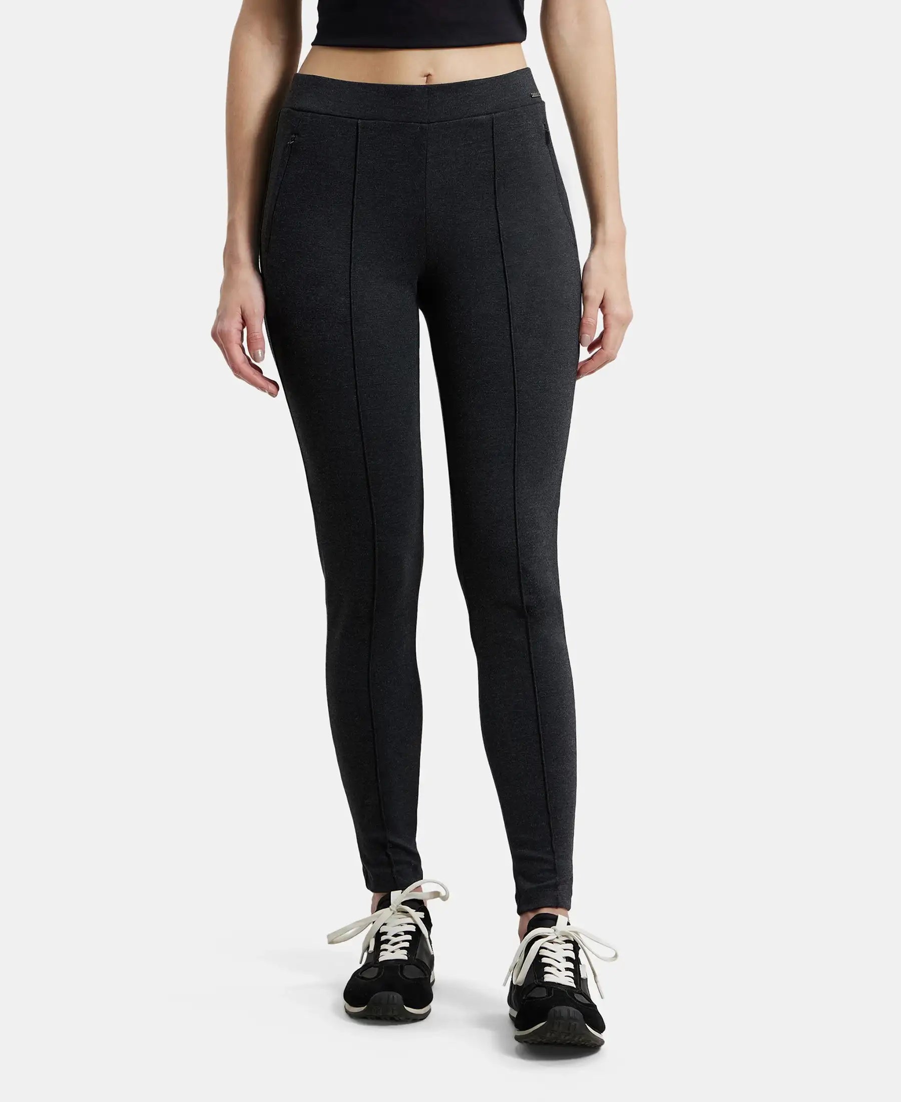 Rayon Nylon Elastane Stretch Treggings with Side Zipper Pockets - Black Melange