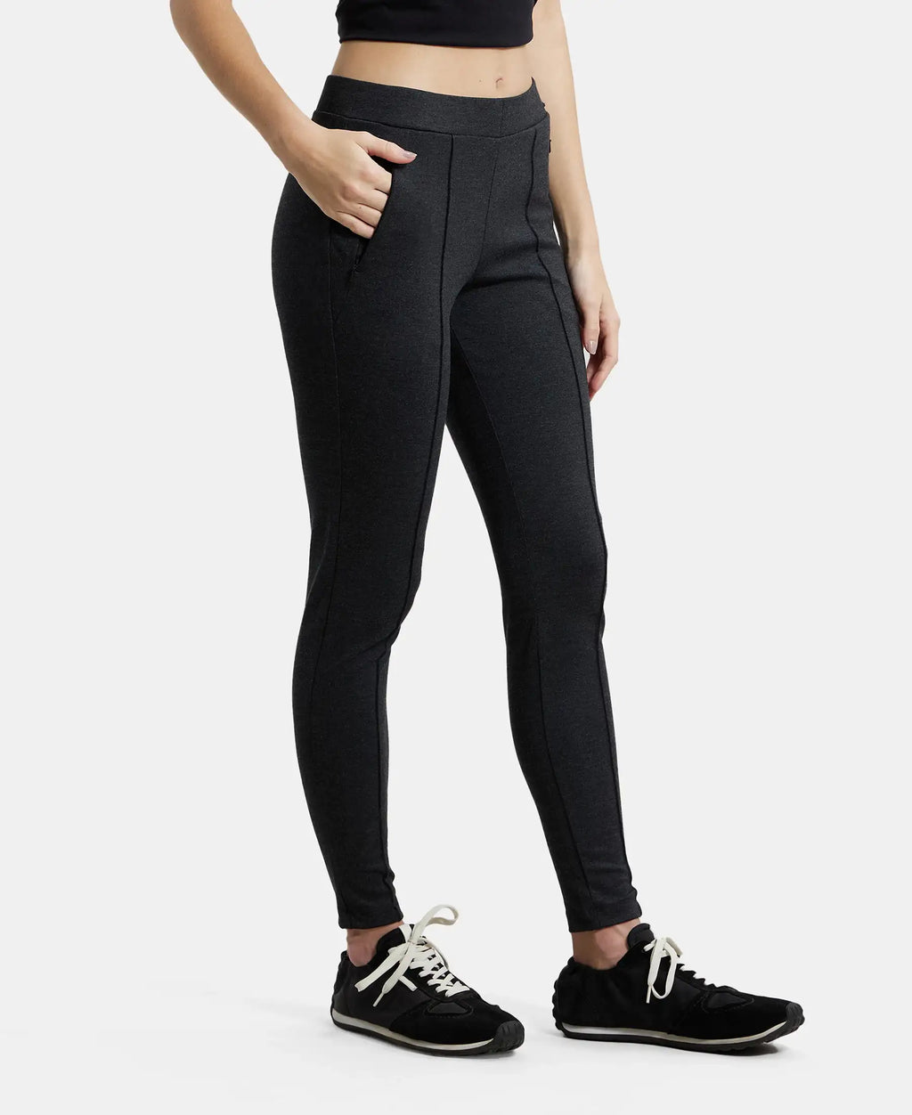 Rayon Nylon Elastane Stretch Treggings with Side Zipper Pockets - Black Melange