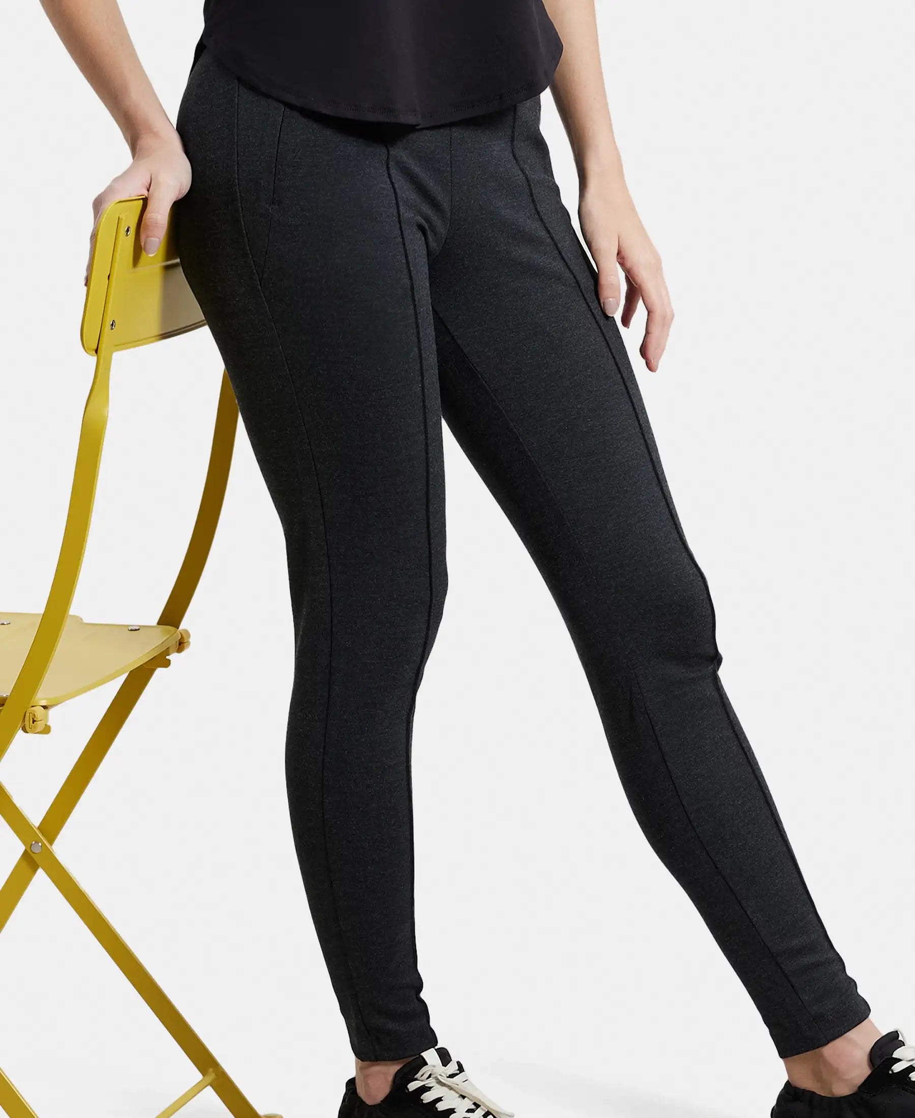 Rayon Nylon Elastane Stretch Treggings with Side Zipper Pockets - Black Melange
