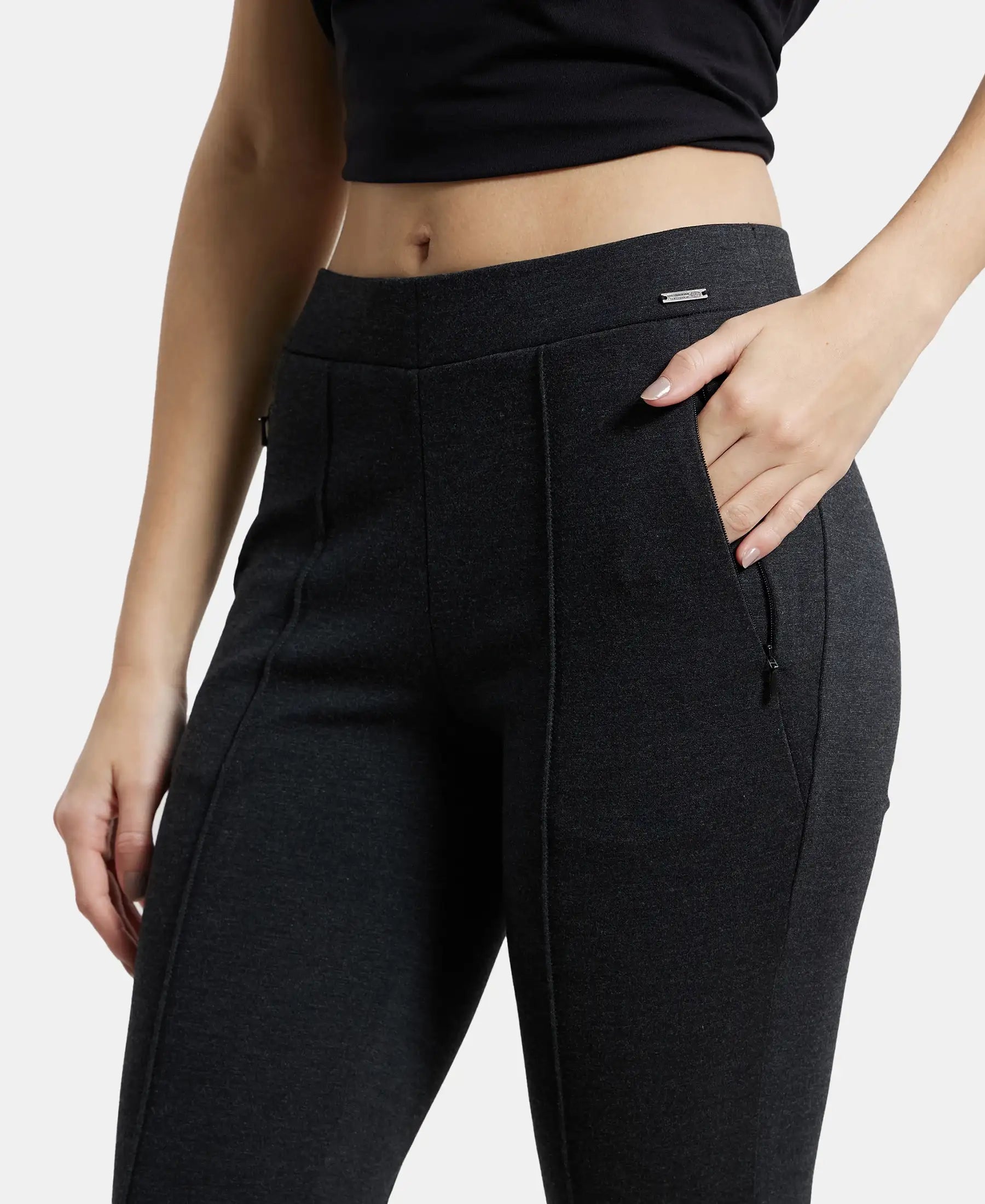 Rayon Nylon Elastane Stretch Treggings with Side Zipper Pockets - Black Melange