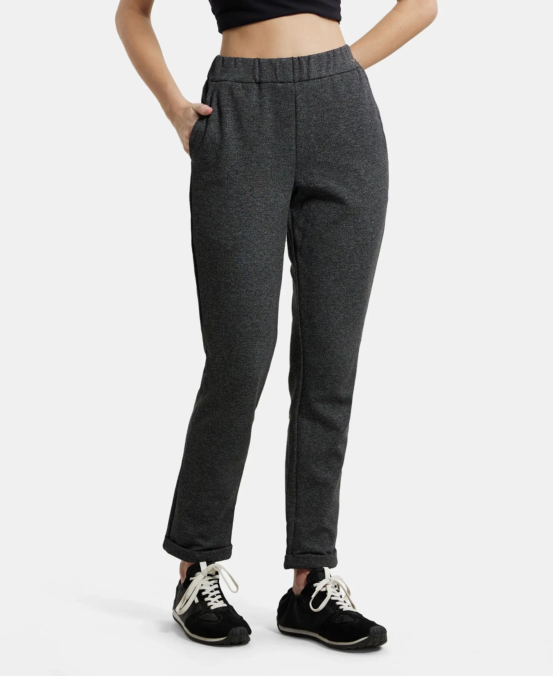 Rayon Polyester Elastane Stretch Slim Fit All Day Pants with Side Pockets - Black