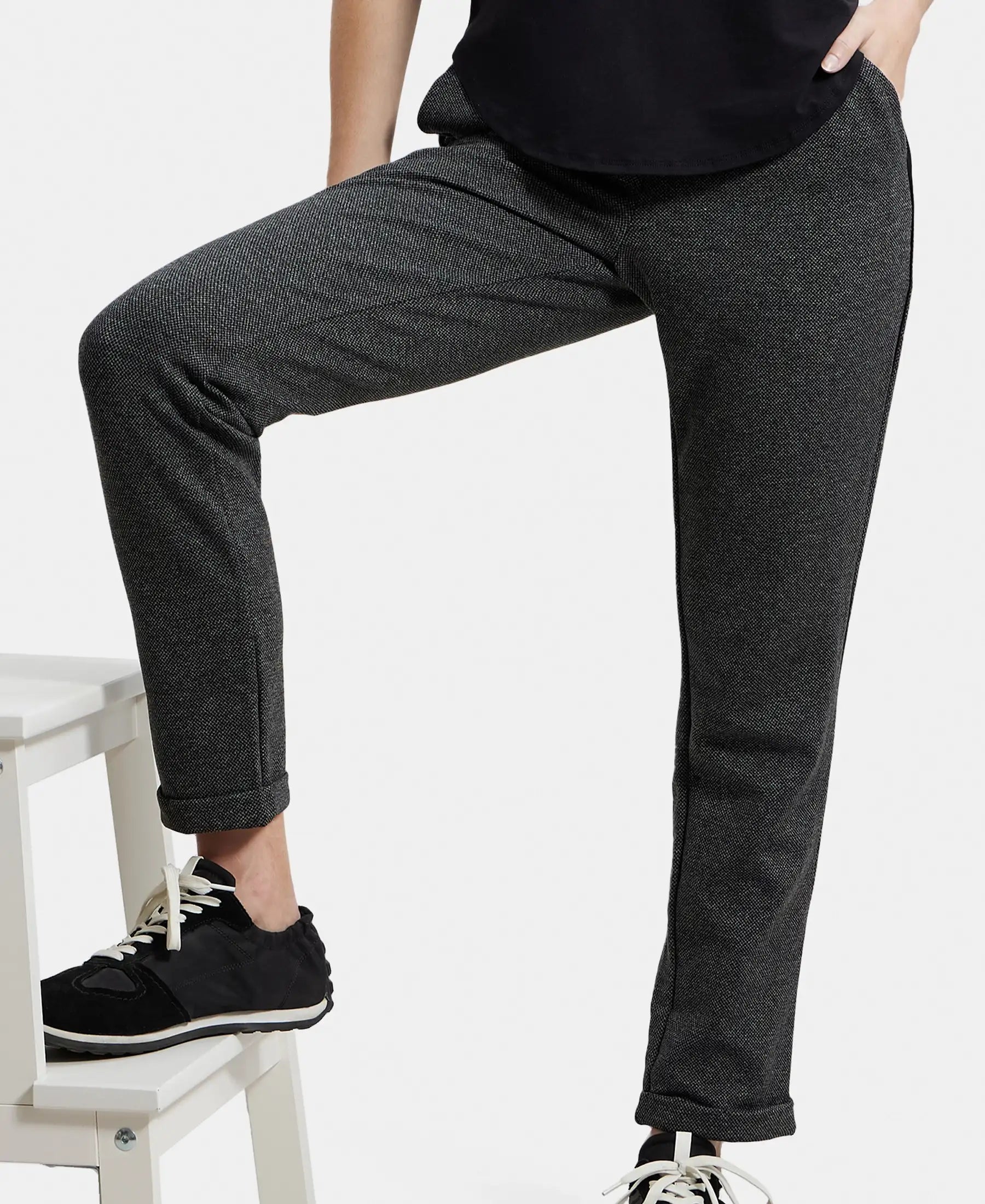 Rayon Polyester Elastane Stretch Slim Fit All Day Pants with Side Pockets - Black