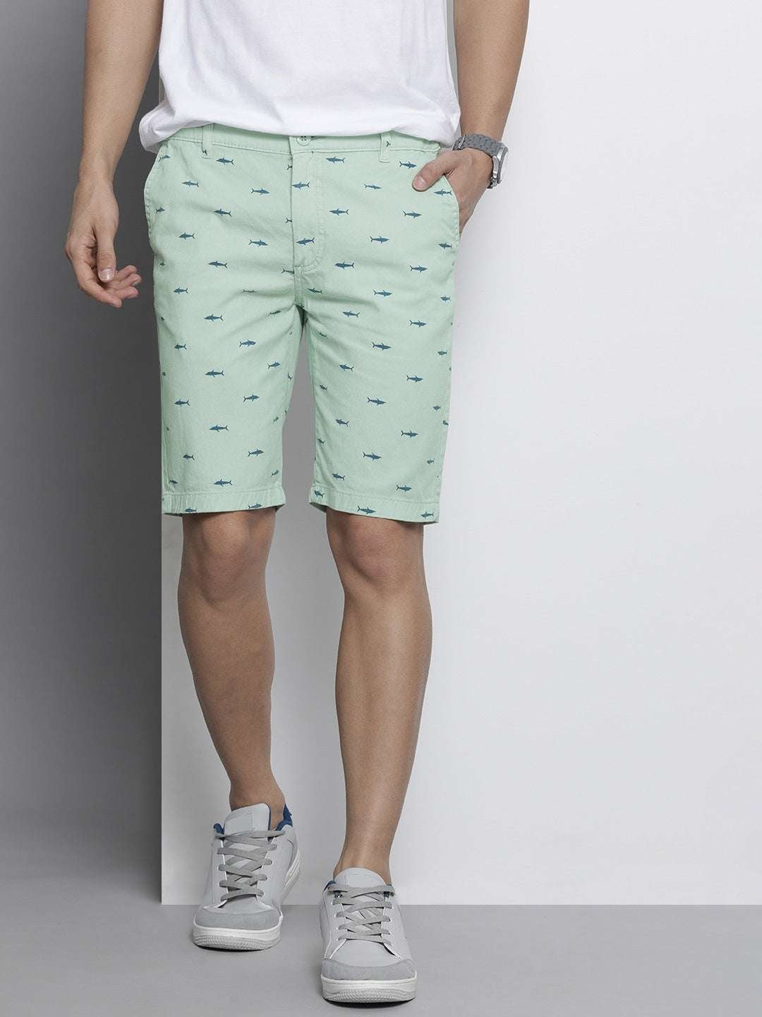 Men's Green Slim Fit Printed Casual Shorts