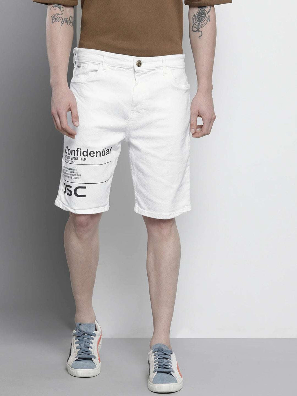 Men's White Slim Fit Printed Casual Shorts