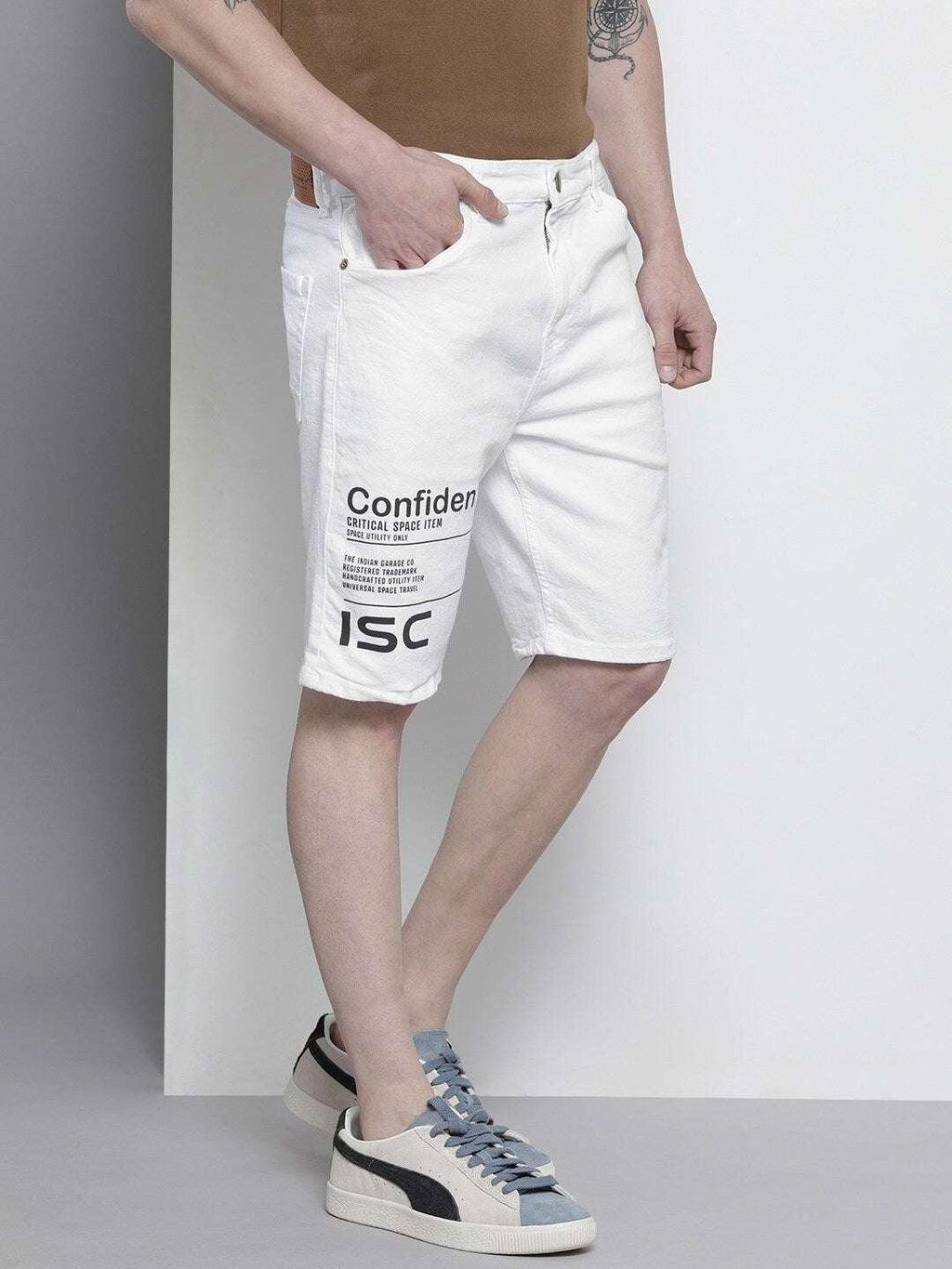 Men's White Slim Fit Printed Casual Shorts