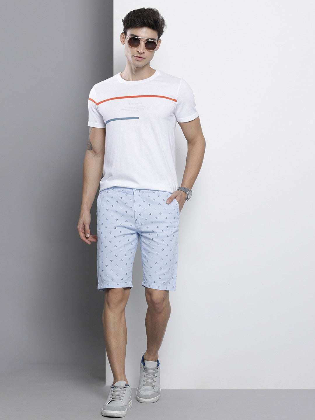 Men's Blue Slim Fit Printed Casual Shorts